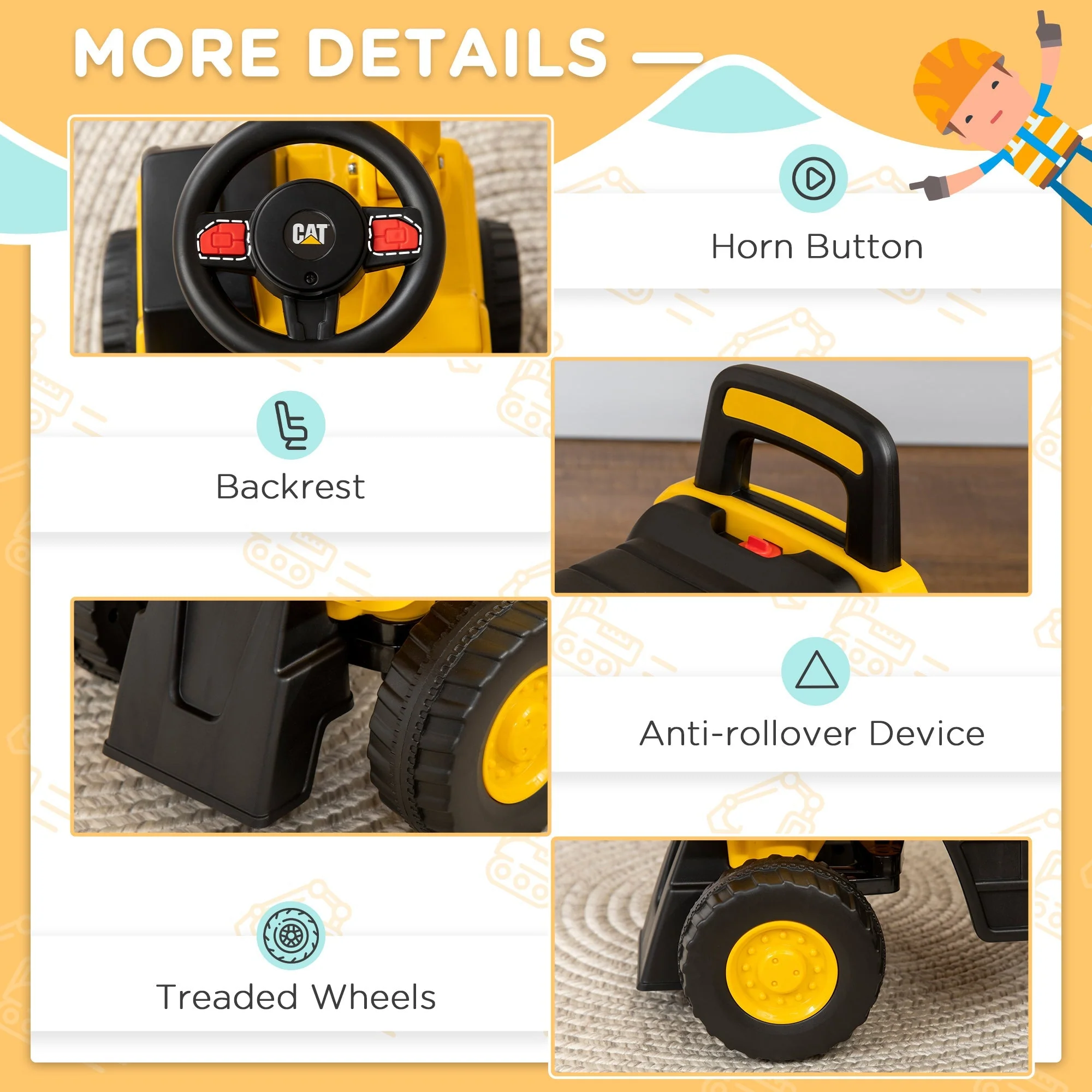 Licensed CAT Kids Ride on Digger Excavator with Manual Bucket - Image 7