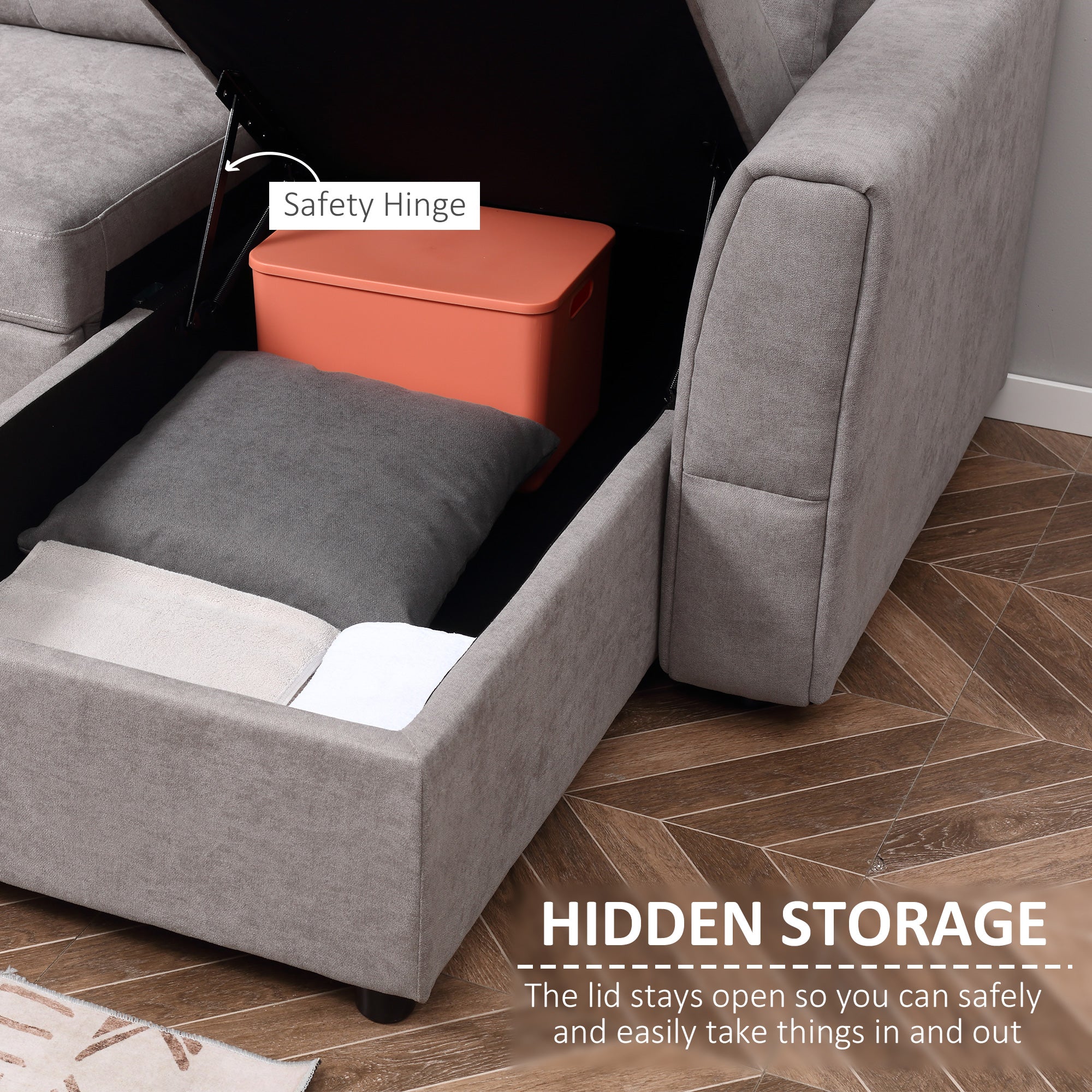 Linen-Look 'L' Storage Sofa Bed - Light Grey - Image 6