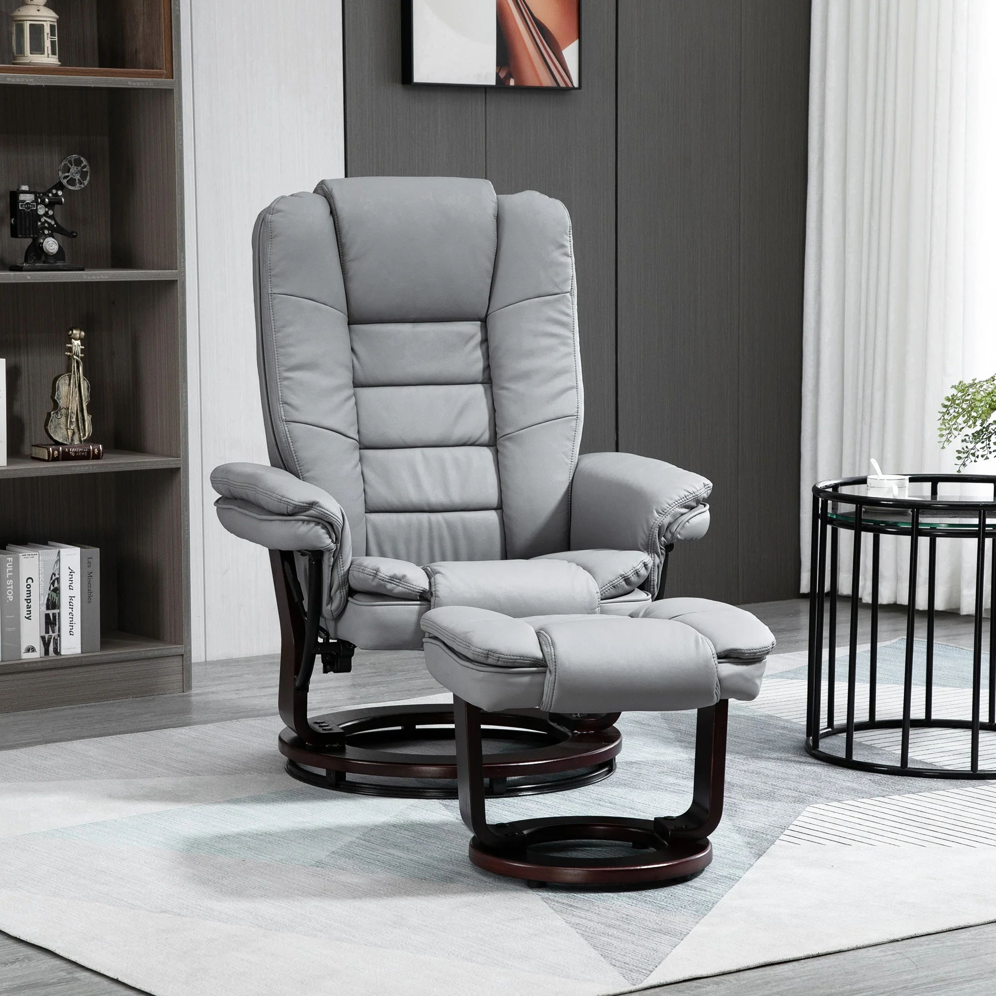 Manual Recliner and Footrest Set PU Leather Leisure Lounge Chair Armchair with Swivel Wood Base - Image 2