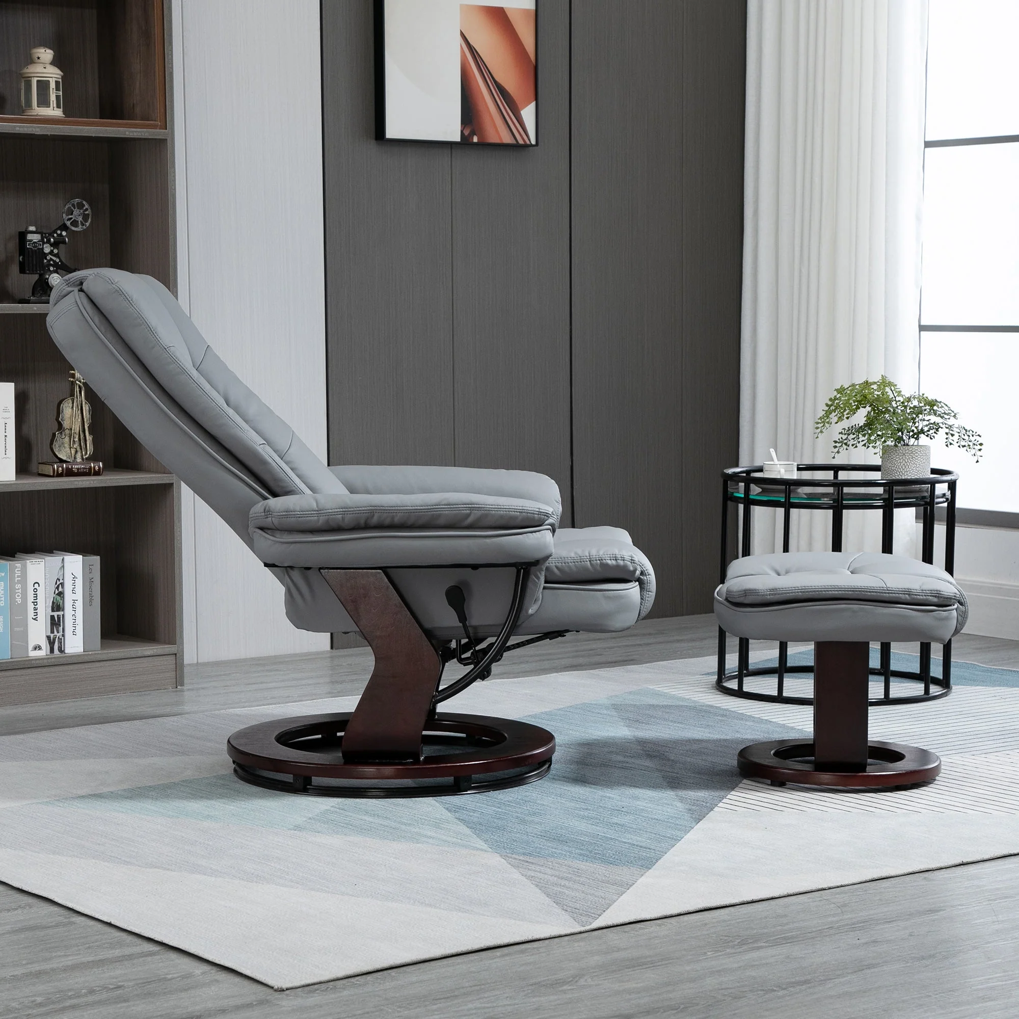 Manual Recliner and Footrest Set PU Leather Leisure Lounge Chair Armchair with Swivel Wood Base - Image 7