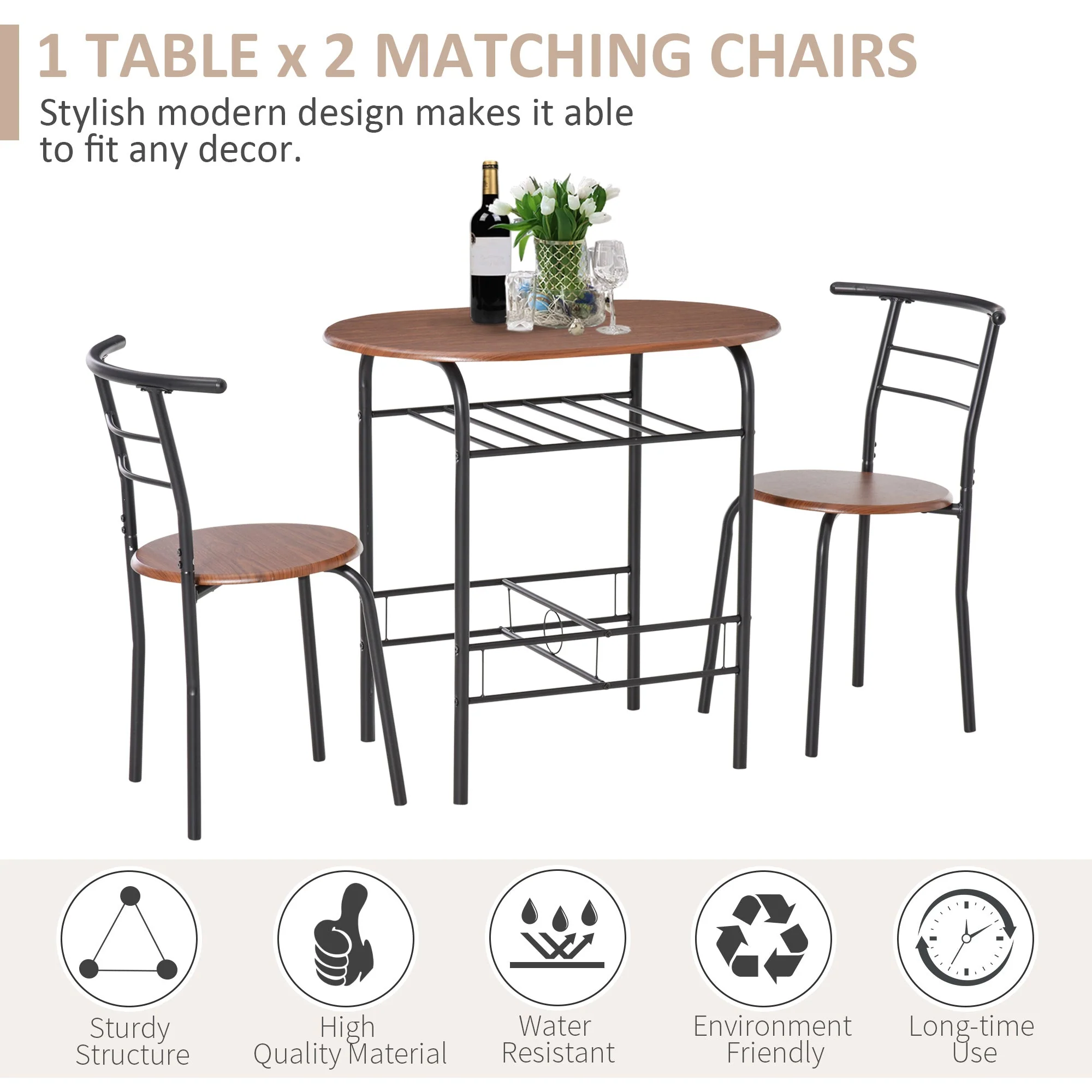 Medium-density fibreboard 2 Seater Bar Stool and Table Set w/ Bottle Storage Shelf Wood Tone - Image 6