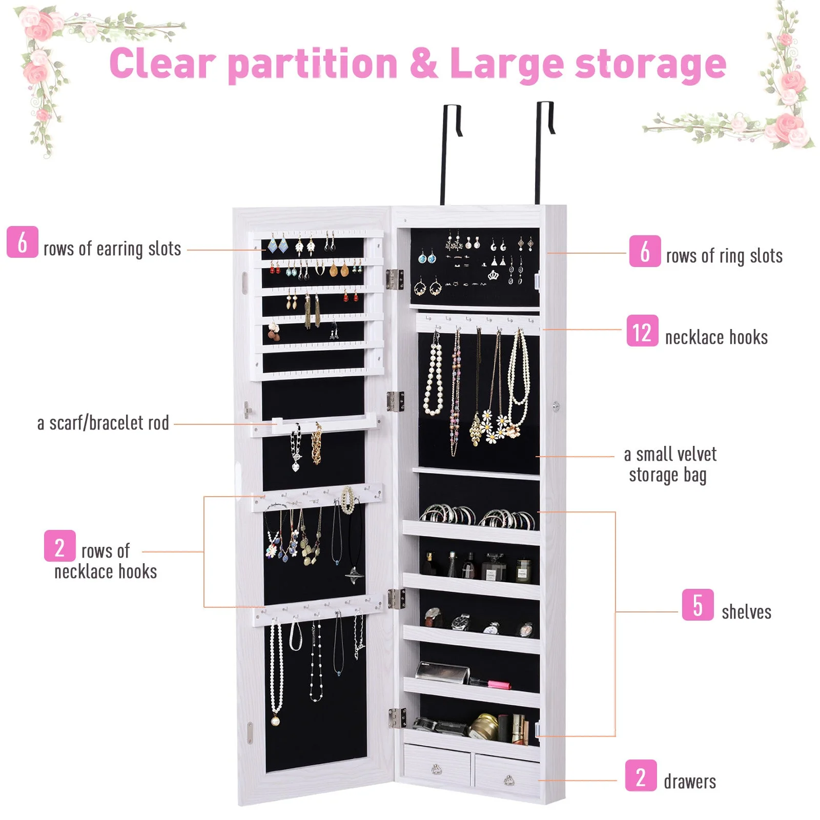 Mirrored Jewellery Storage Cabinet Door Mounted/Wall mounted Organiser Hanging Lockable w/ 6 Inner LED Lights White - Image 4