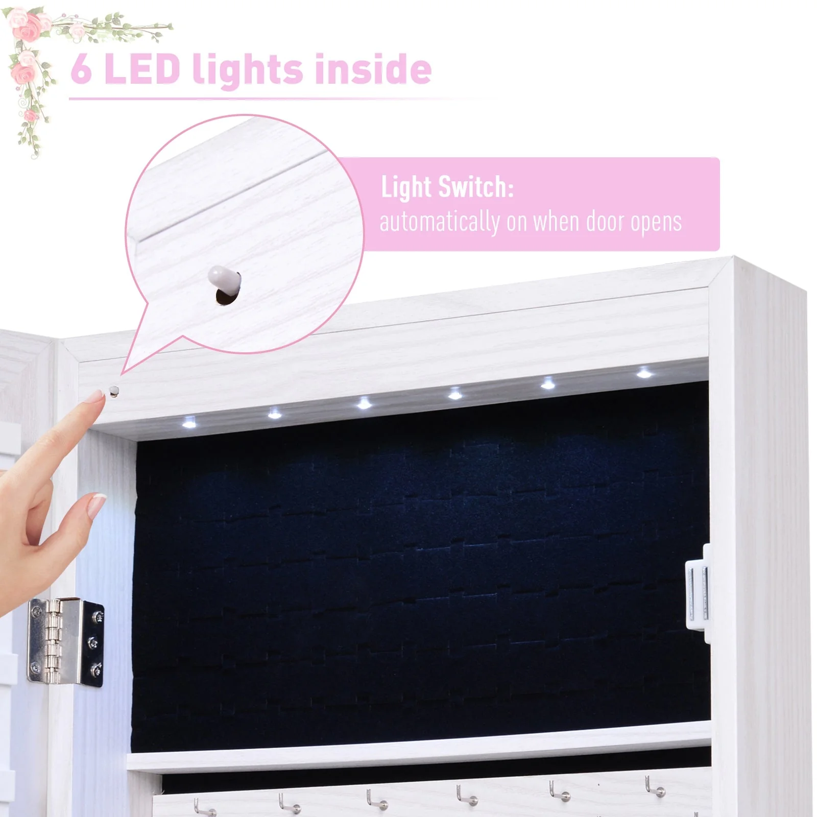Mirrored Jewellery Storage Cabinet Door Mounted/Wall mounted Organiser Hanging Lockable w/ 6 Inner LED Lights White - Image 5