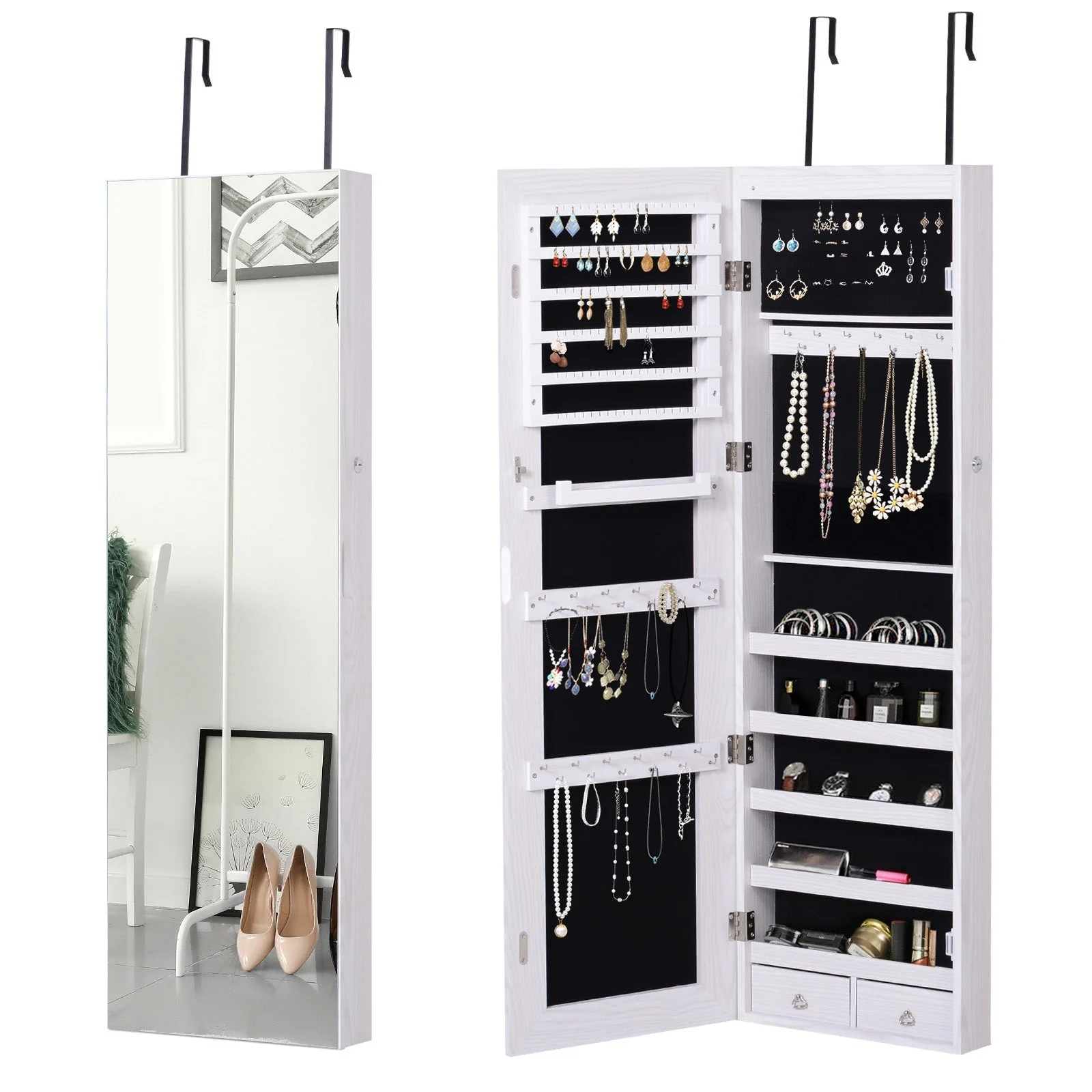 Mirrored Jewellery Storage Cabinet Door Mounted/Wall mounted Organiser Hanging Lockable w/ 6 Inner LED Lights White - Image 7