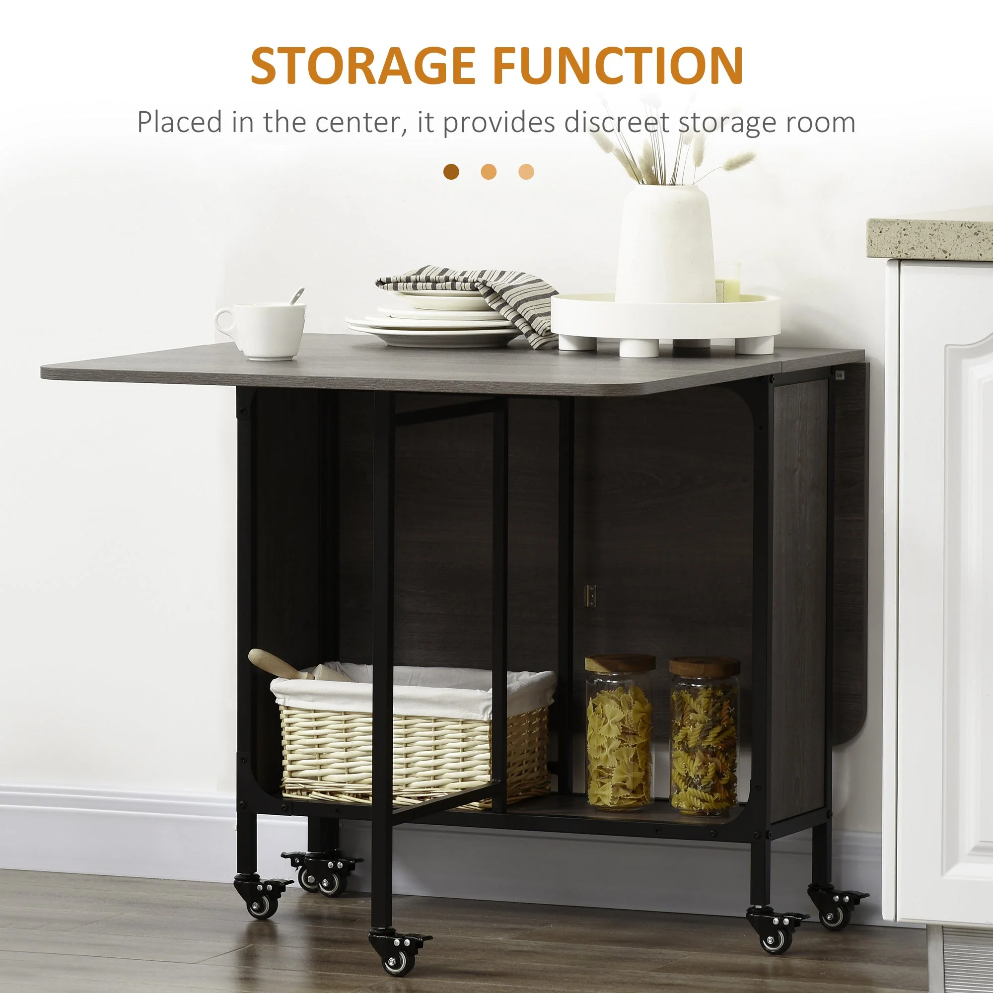 Mobile Drop Leaf Table Folding Kitchen Table Extendable Dining Table For Small Spaces With 6 Wheels & Storage Shelf - Image 6