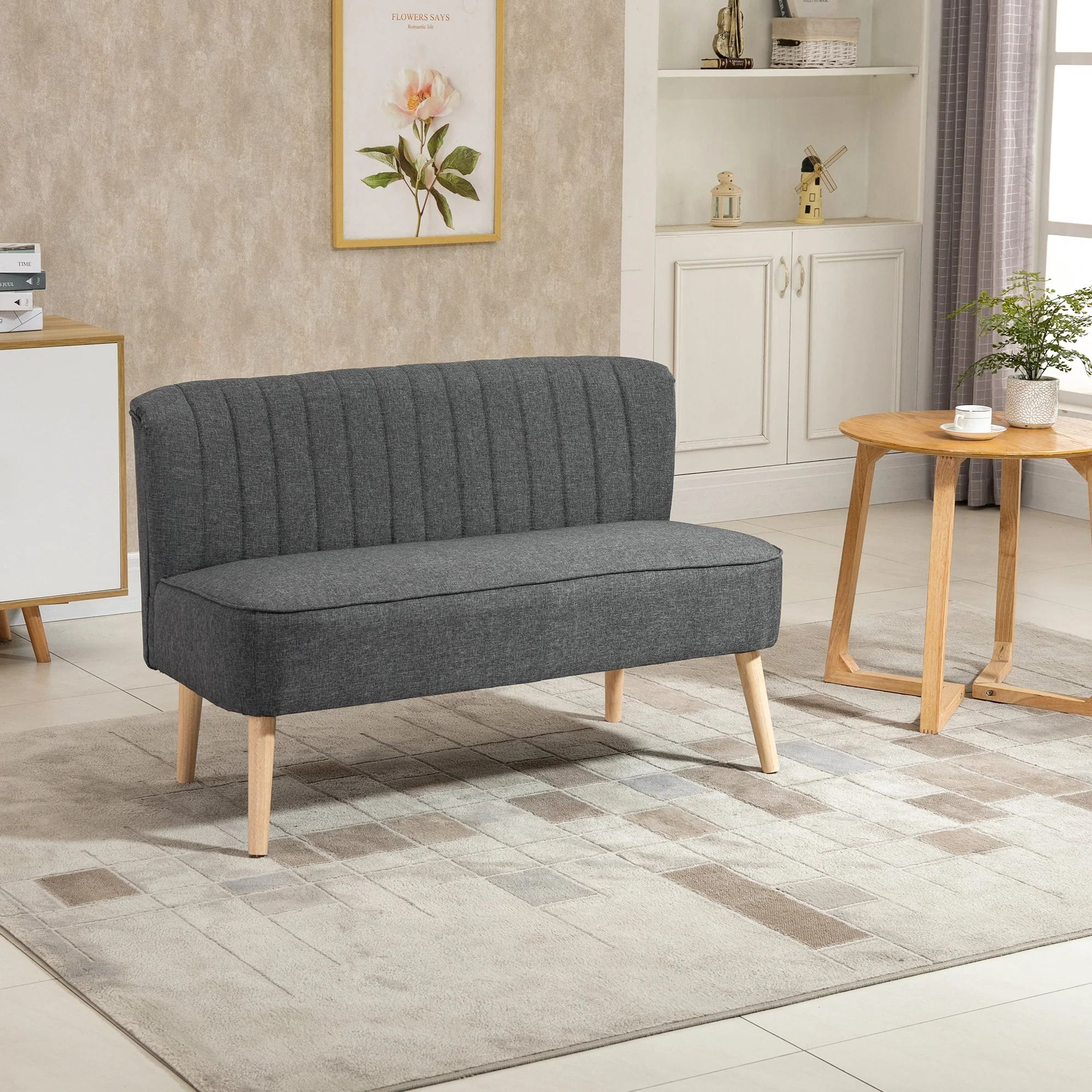 Modern Double Seat Sofa Loveseat Couch 2 Seater Compact Sofa Padded Linen Wood Leg Dark Grey - Image 6