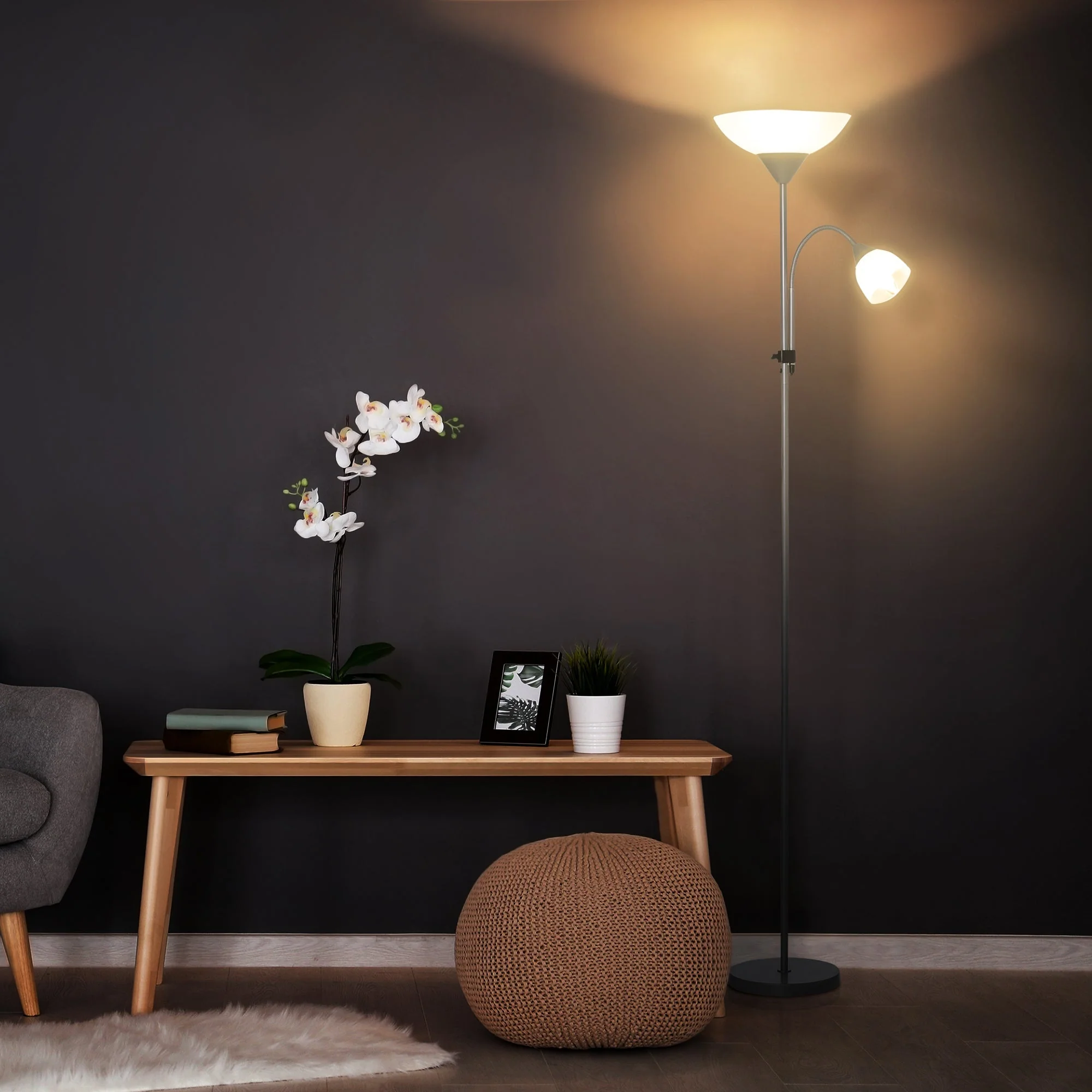 Modern Floor Reading Lamp 2 Adjustable Heads Light Steel Base Living Room Bedroom Office - Image 2