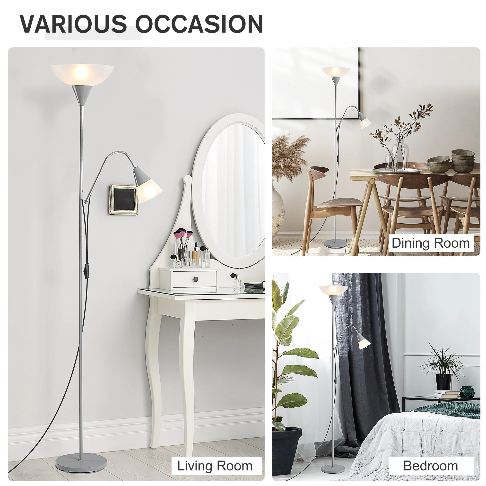 Modern Floor Reading Lamp 2 Adjustable Heads Light Steel Base Living Room Bedroom Office - Image 6