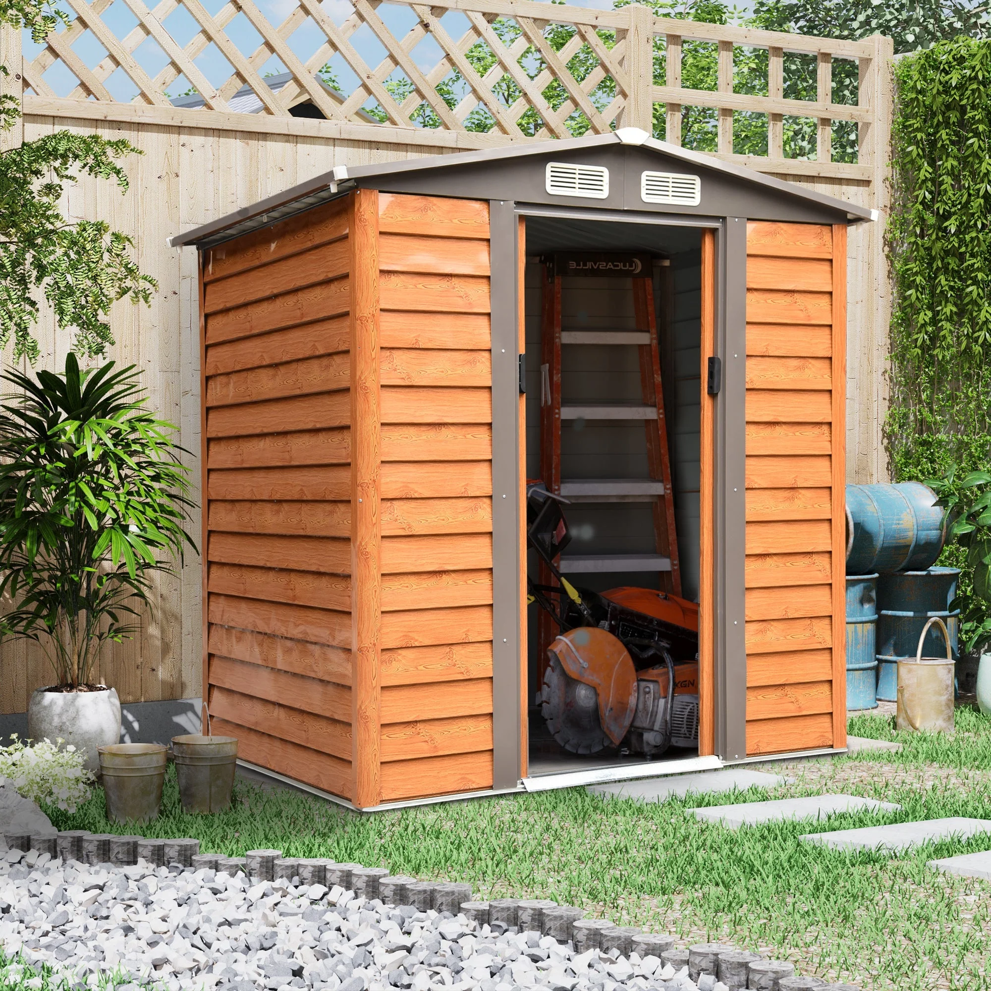 Moderna 6.5 x 5.2' Double Door Apex Garden Shed With Ventilation Steel & Polypropylene Light Brown by Steadfast - Image 2