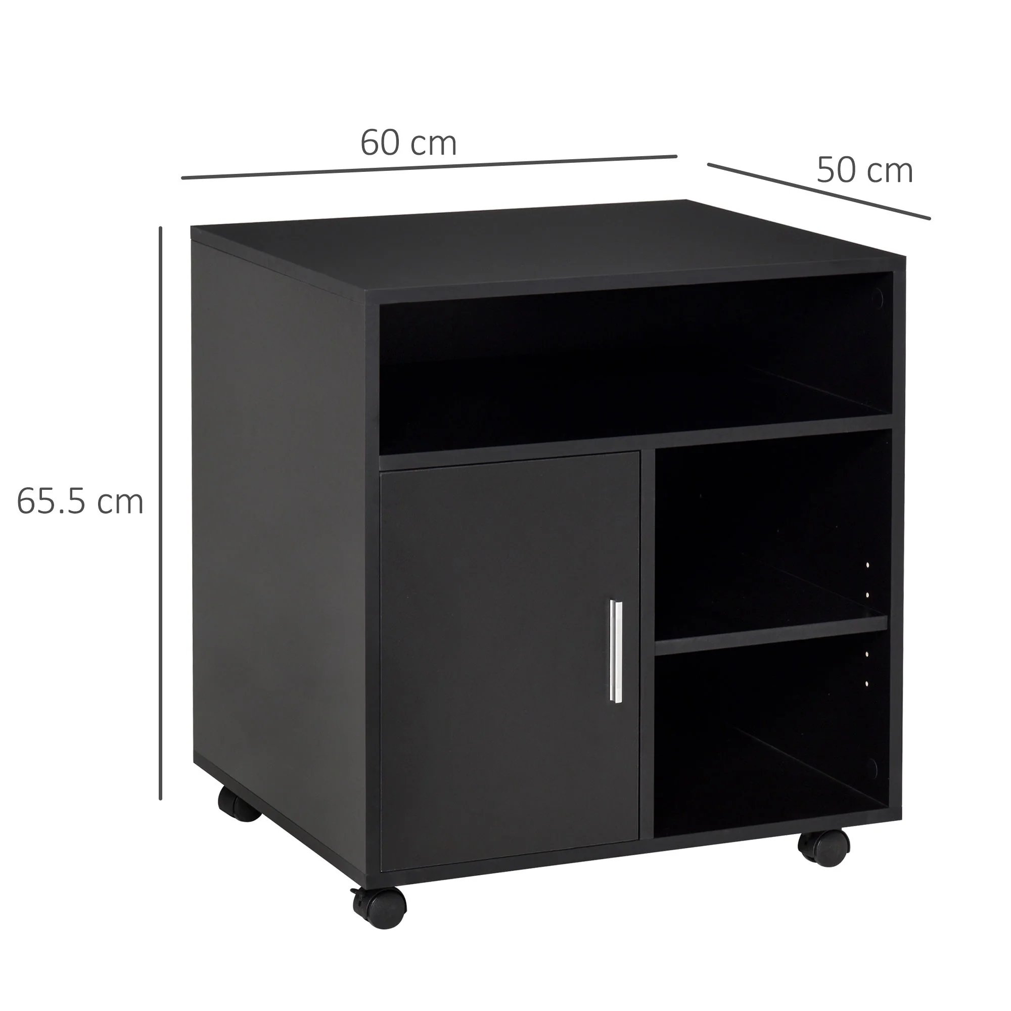 Multi-Storage Printer Stand Unit Office Desk Side Mobile Storage w/ Wheels Modern Style 60L x 50W x 65.5H cm - Black - Image 3