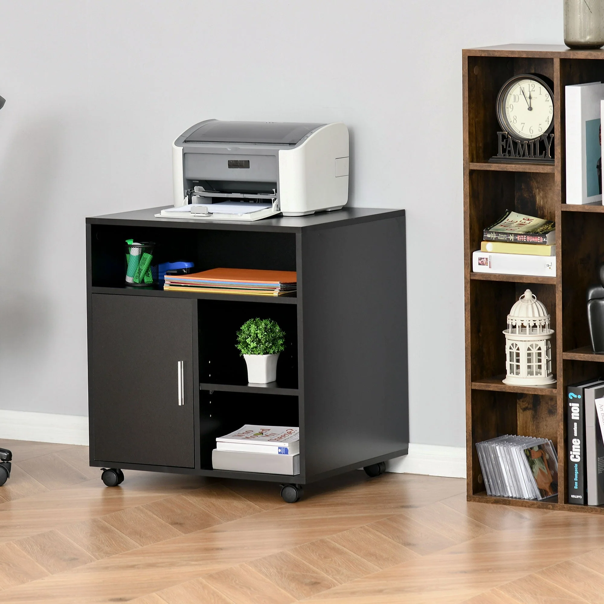 Multi-Storage Printer Stand Unit Office Desk Side Mobile Storage w/ Wheels Modern Style 60L x 50W x 65.5H cm - Black - Image 4