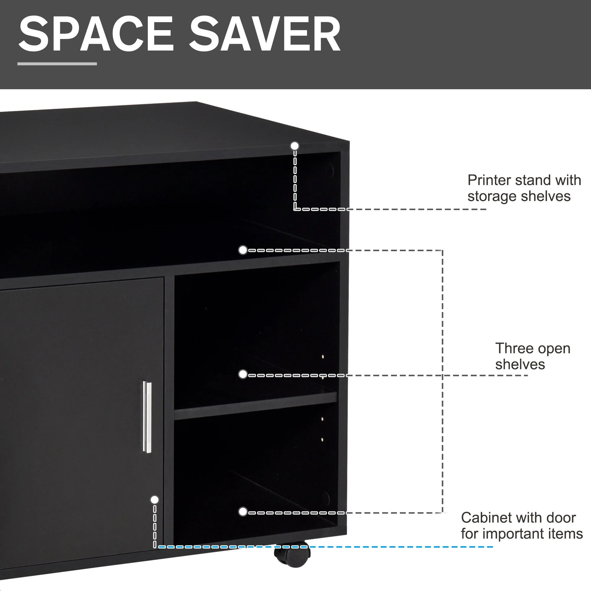 Multi-Storage Printer Stand Unit Office Desk Side Mobile Storage w/ Wheels Modern Style 60L x 50W x 65.5H cm - Black - Image 6