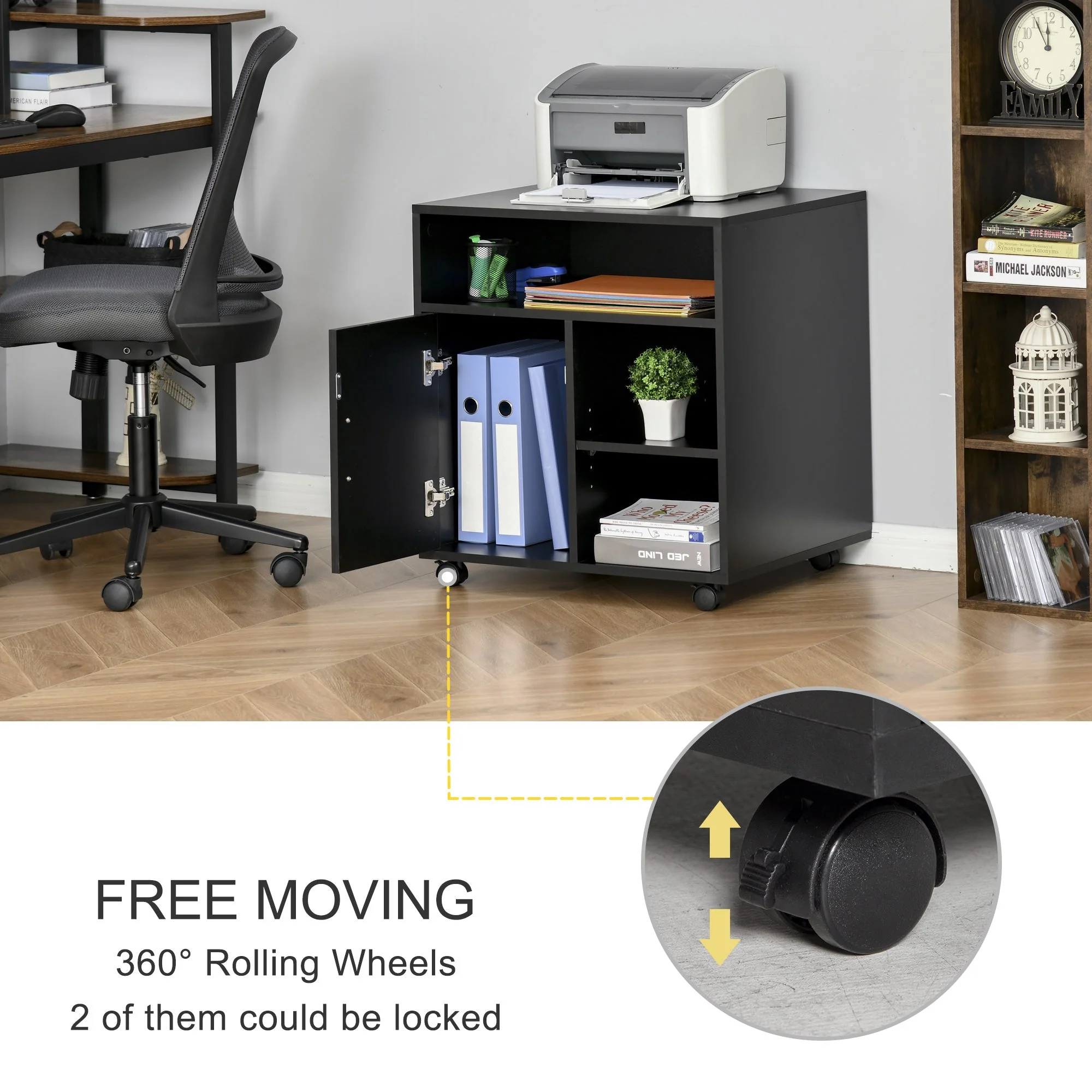 Multi-Storage Printer Stand Unit Office Desk Side Mobile Storage w/ Wheels Modern Style 60L x 50W x 65.5H cm - Black - Image 7