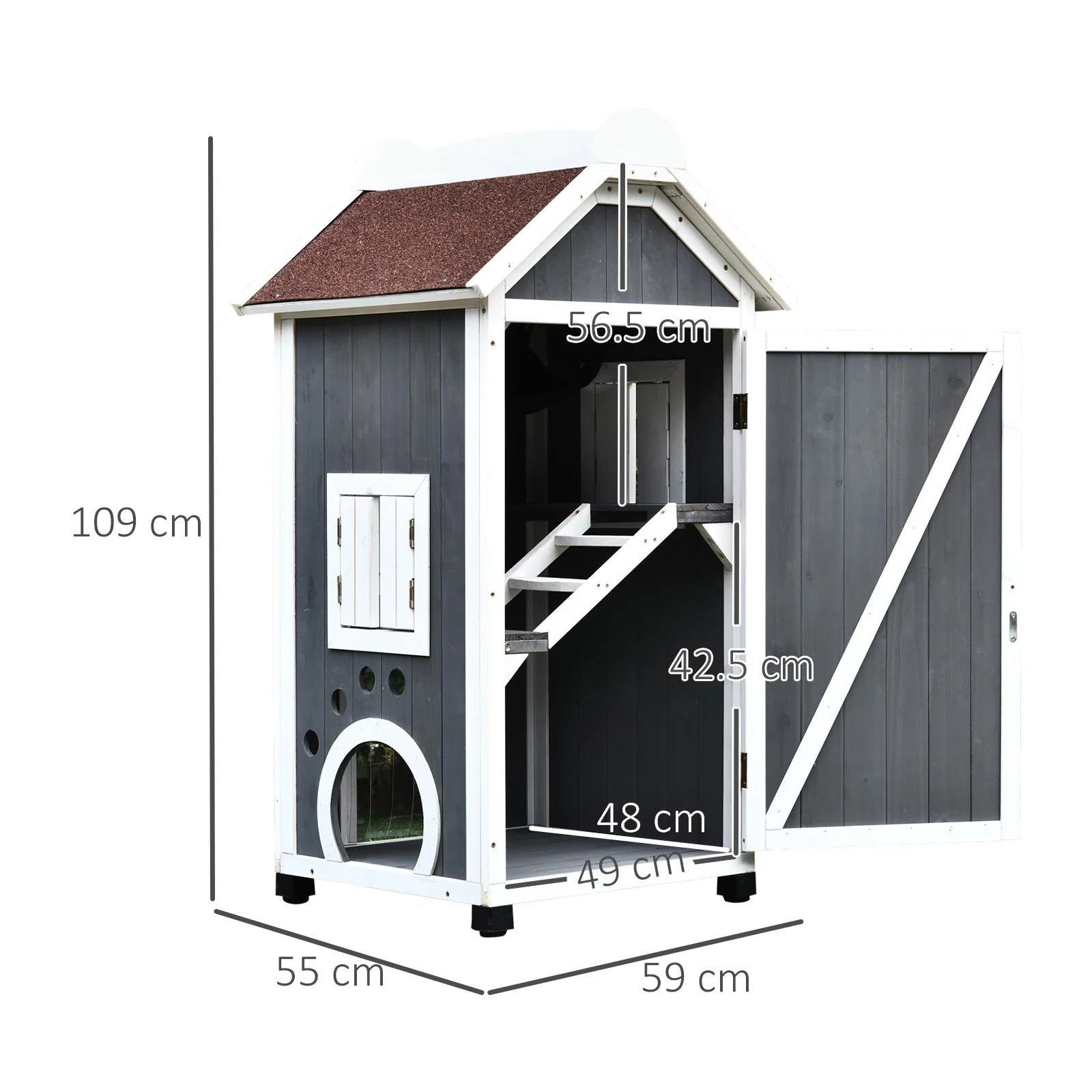 Nordic 109cm Cat House Fir Wood Grey & White by Pawhut - Image 4