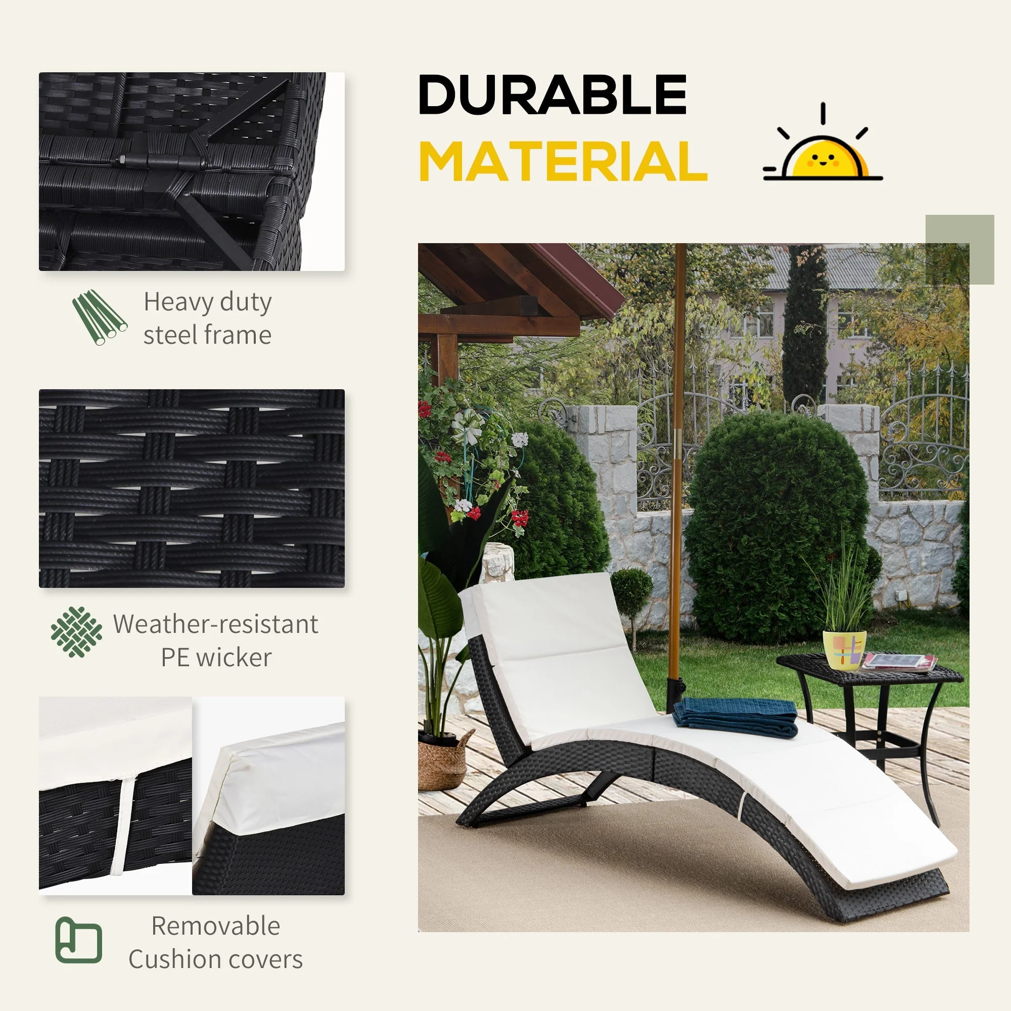 Outdoor Foldable PE Rattan Sun Lounger with Soft Padded Cushion - Image 4