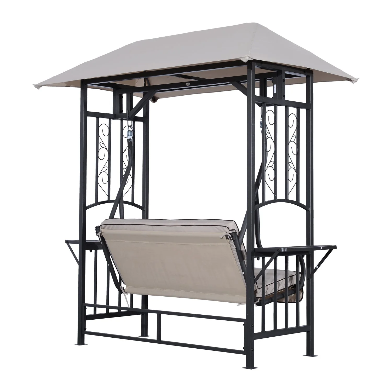 Outdoor Garden 2 Seater Canopy Swing Chair Seat Porch Loveseat Vintage Hammock Cushioned Seat w/ and Side Drink Panel - Image 5