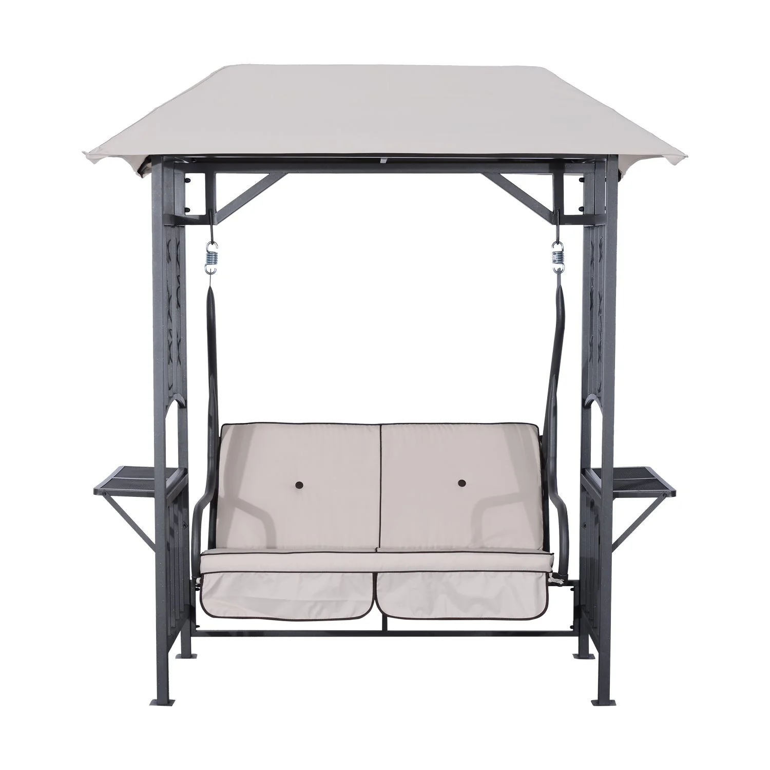 Outdoor Garden 2 Seater Canopy Swing Chair Seat Porch Loveseat Vintage Hammock Cushioned Seat w/ and Side Drink Panel - Image 8