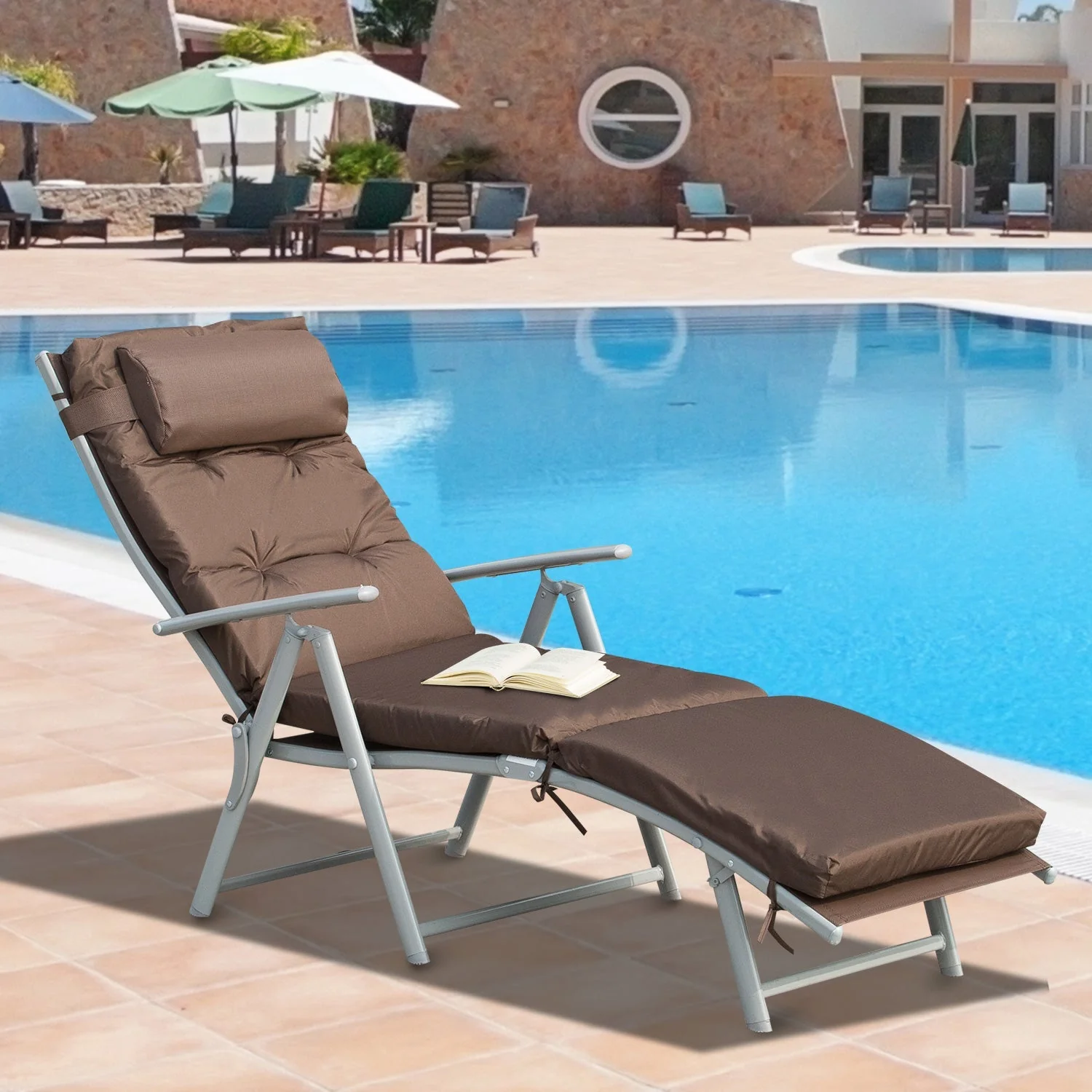 Outdoor Patio Sun Lounger Garden Texteline Foldable Reclining Chair Pillow Adjustable Recliner with Cushion - Brown - Image 2