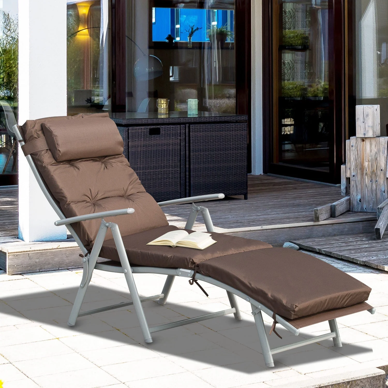 Outdoor Patio Sun Lounger Garden Texteline Foldable Reclining Chair Pillow Adjustable Recliner with Cushion - Brown - Image 9