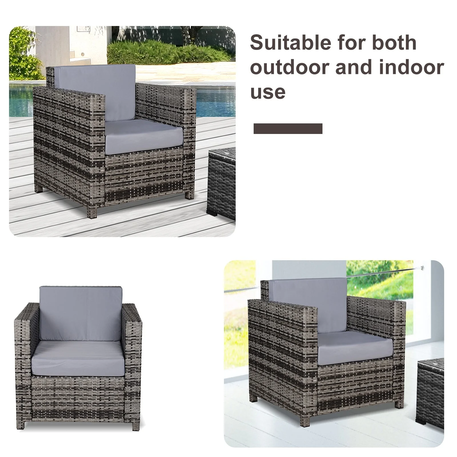 Outsunny 1 Seater Rattan Garden All-Weather Wicker Weave Single Sofa Armchair With Fire Resistant Cushion - Grey - Image 4