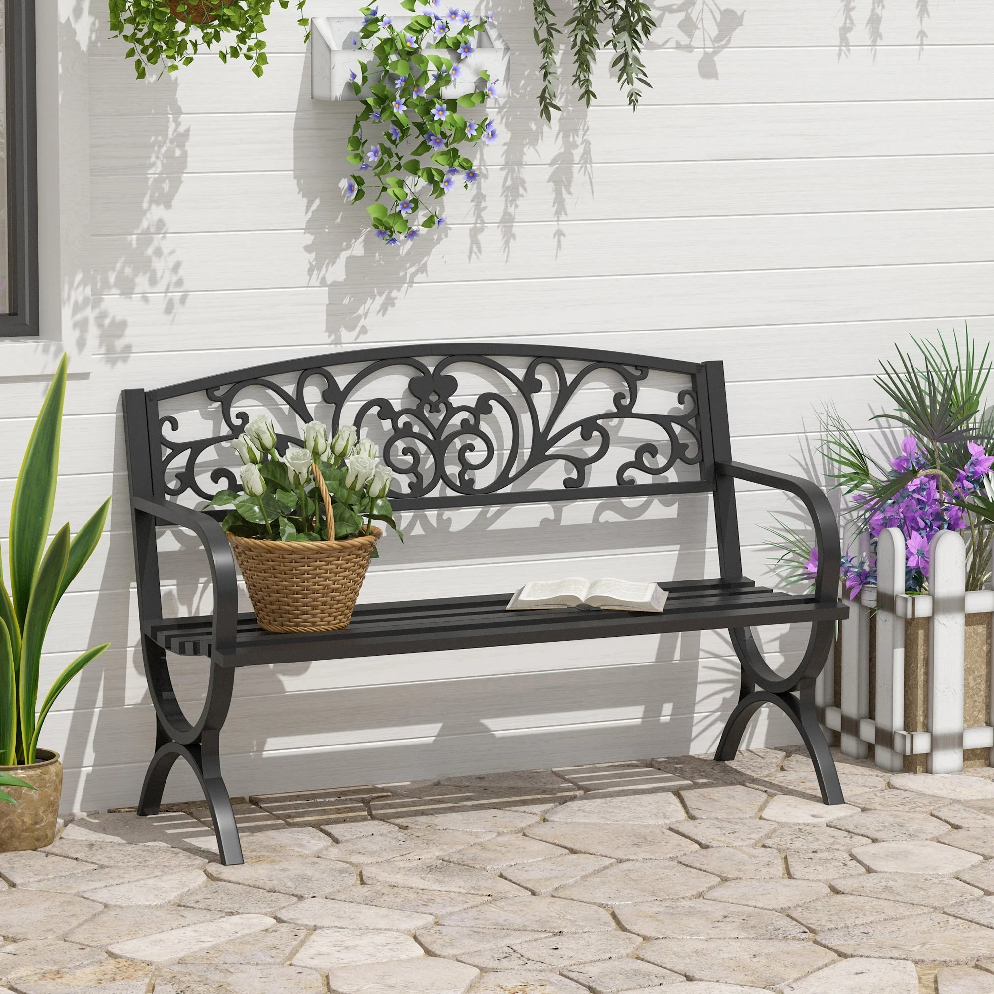 Outsunny 127L X 60W X 85H cm Powder Coated Garden Bench For Patio Backyard Steel-Black - Image 2