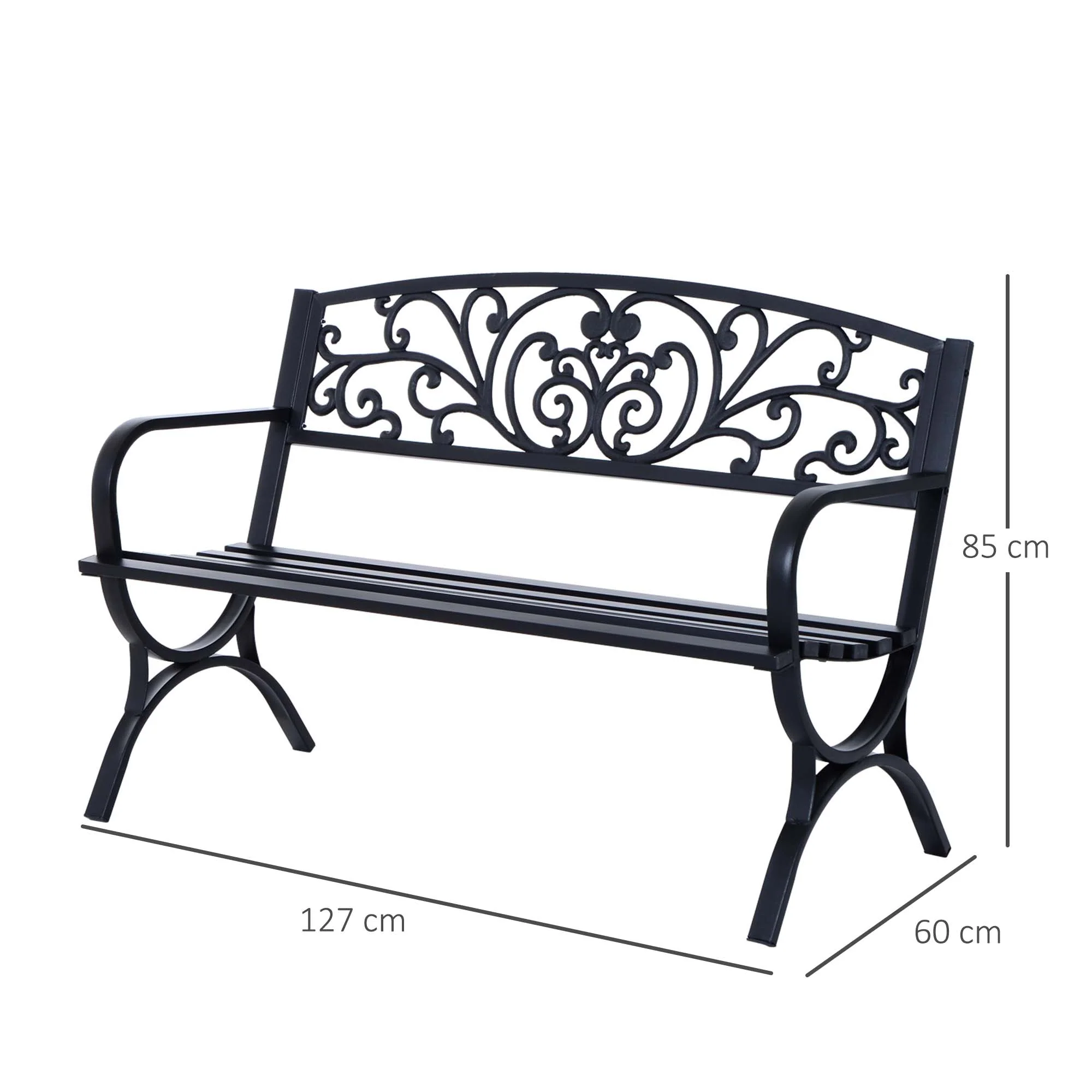 Outsunny 127L X 60W X 85H cm Powder Coated Garden Bench For Patio Backyard Steel-Black - Image 3