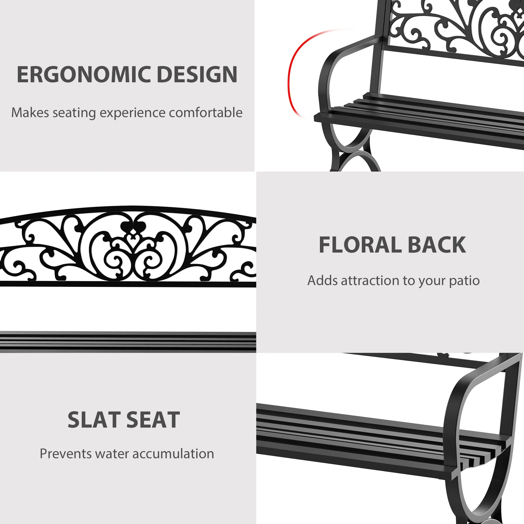 Outsunny 127L X 60W X 85H cm Powder Coated Garden Bench For Patio Backyard Steel-Black - Image 5