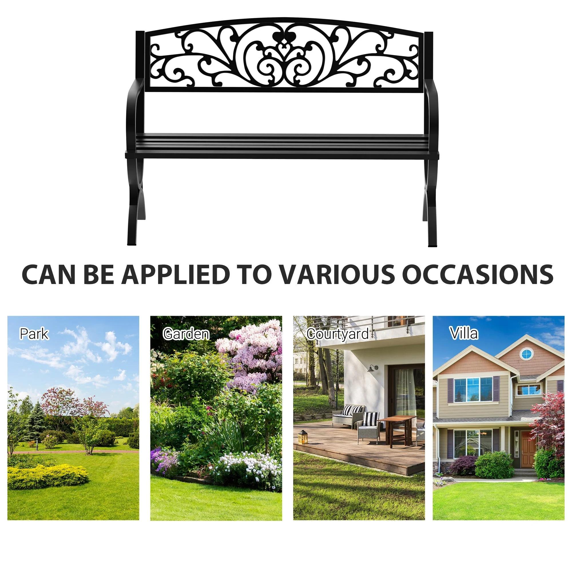 Outsunny 127L X 60W X 85H cm Powder Coated Garden Bench For Patio Backyard Steel-Black - Image 6