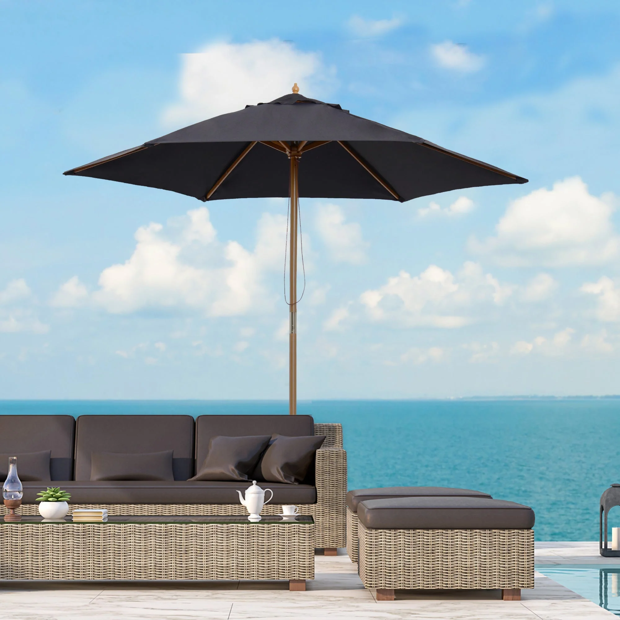 Outsunny 2.5 m Wooden Umbrella Parasol-Black - Image 2