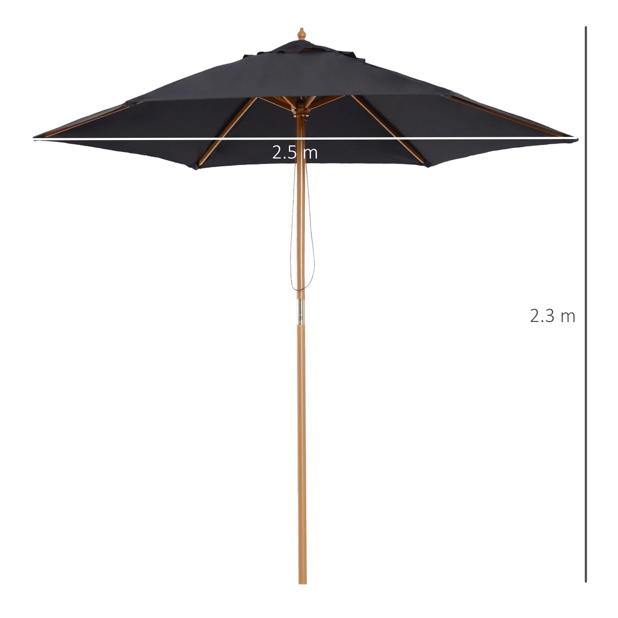 Outsunny 2.5 m Wooden Umbrella Parasol-Black - Image 3