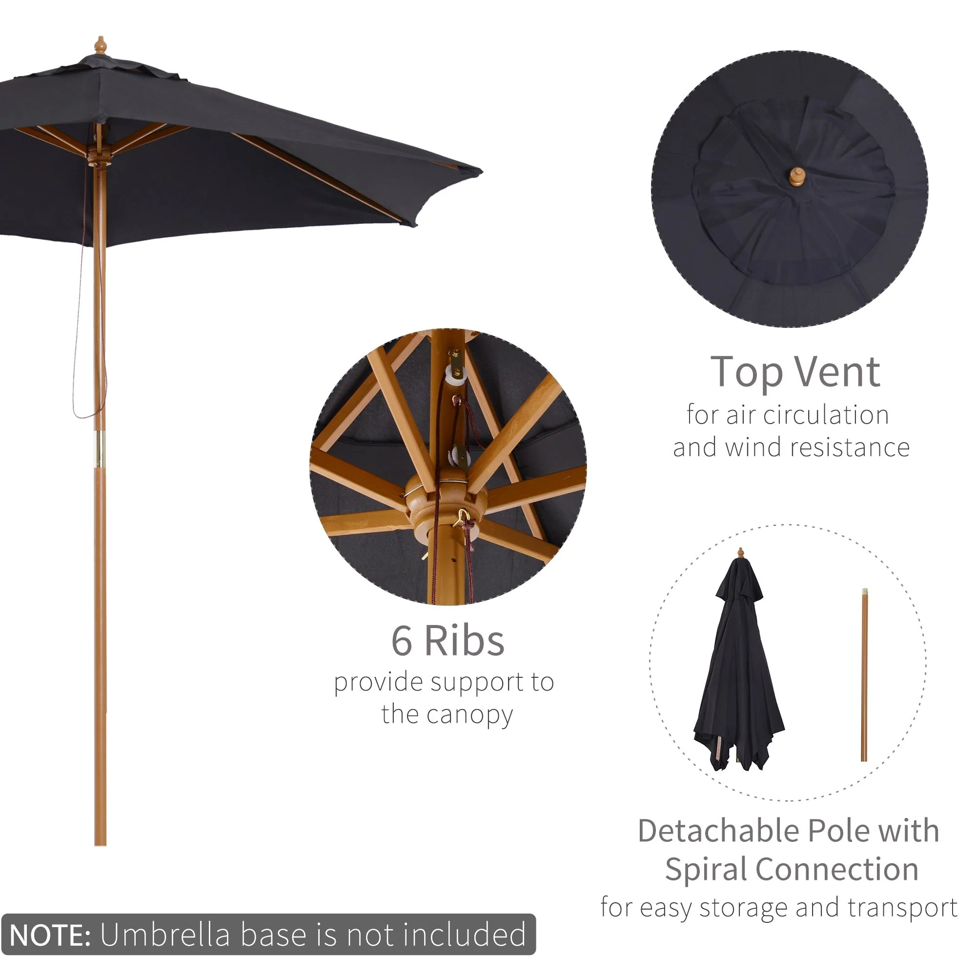 Outsunny 2.5 m Wooden Umbrella Parasol-Black - Image 4