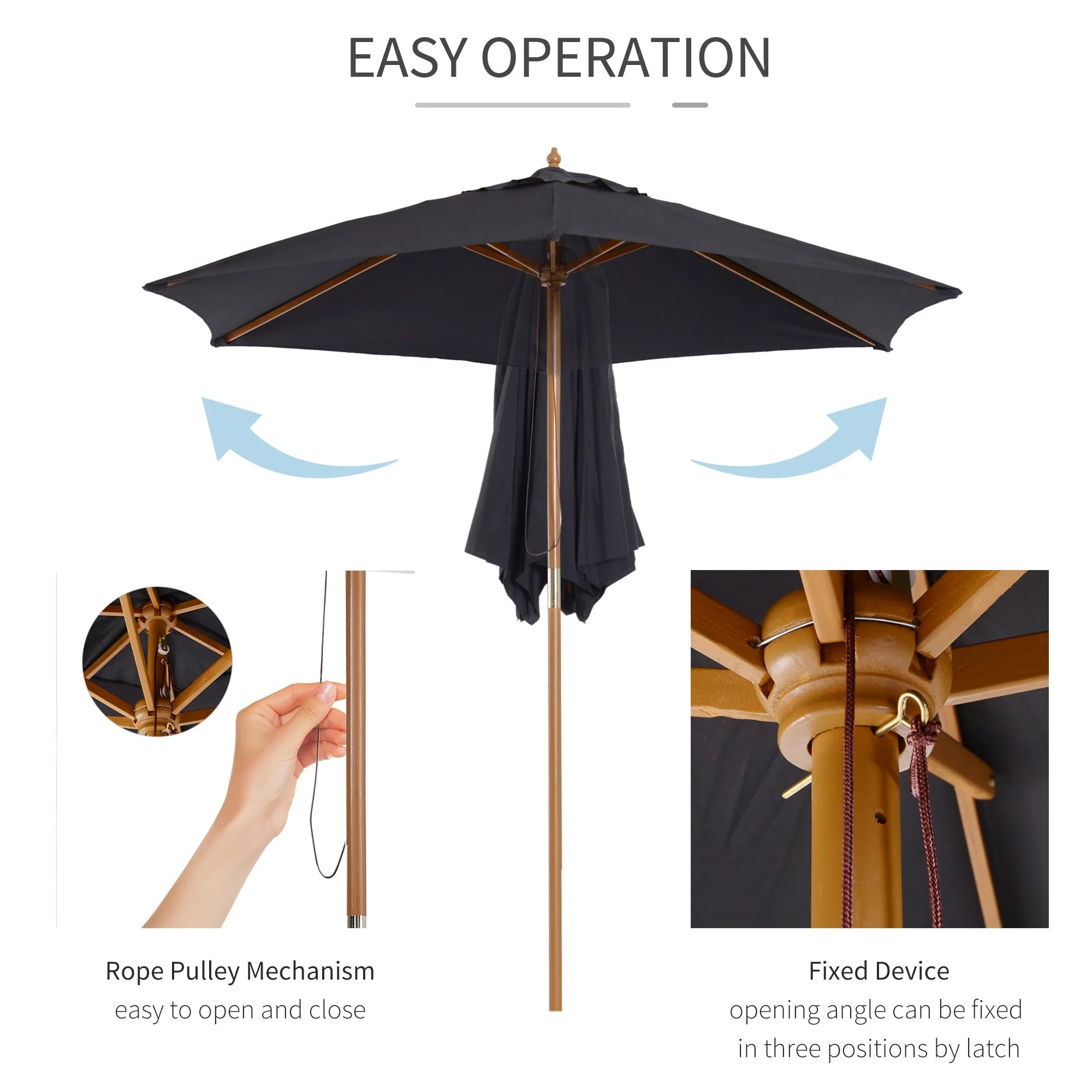 Outsunny 2.5 m Wooden Umbrella Parasol-Black - Image 5
