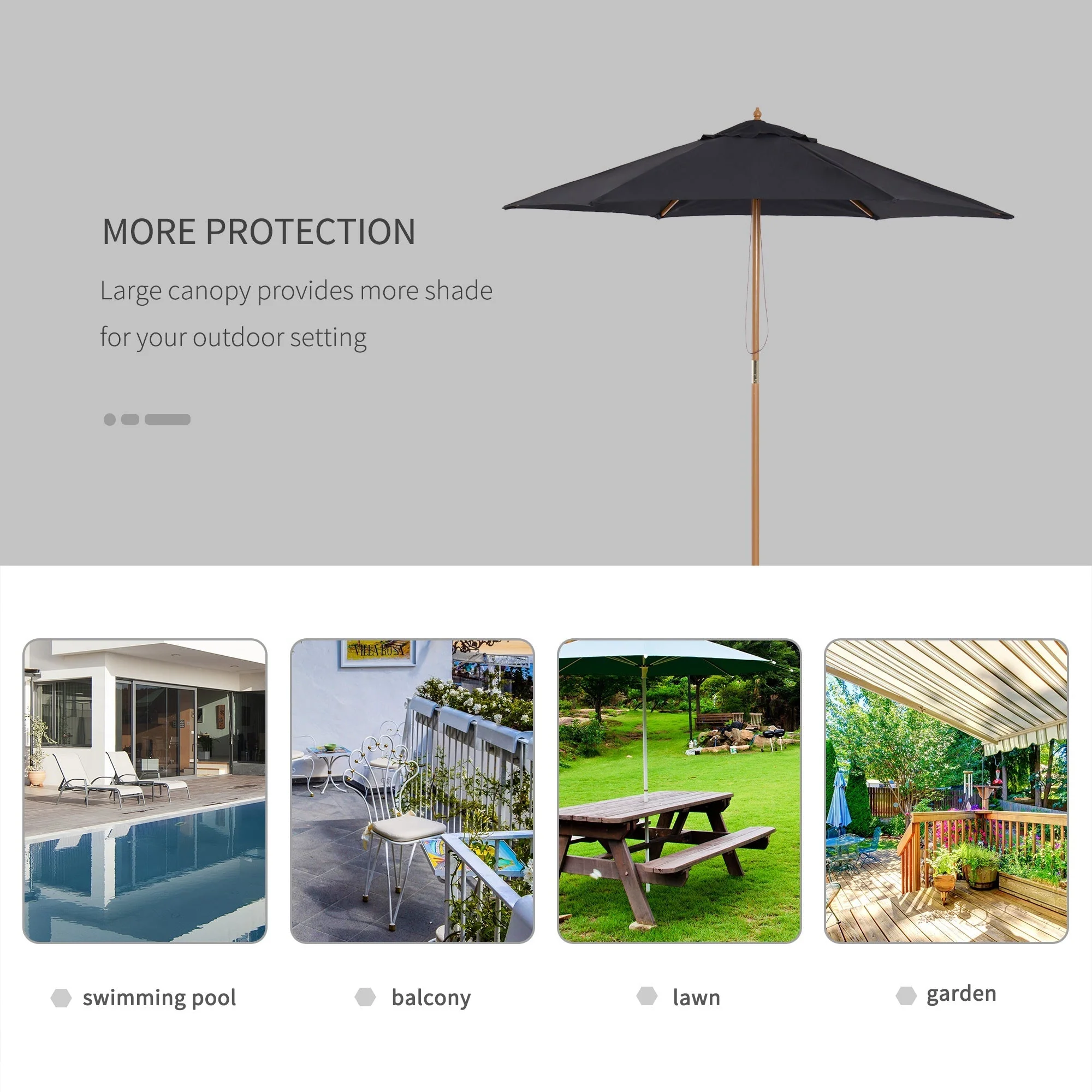 Outsunny 2.5 m Wooden Umbrella Parasol-Black - Image 6