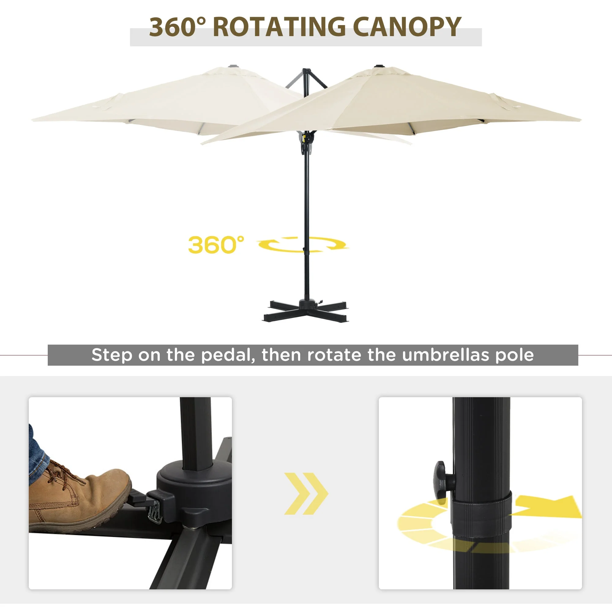 Outsunny 2.5 x 2.5m Patio Offset Parasol Umbrella Cantilever Hanging Aluminium Sun Shade Canopy Shelter 360 Rotation with Crank Handle and Cross Base - Image 3