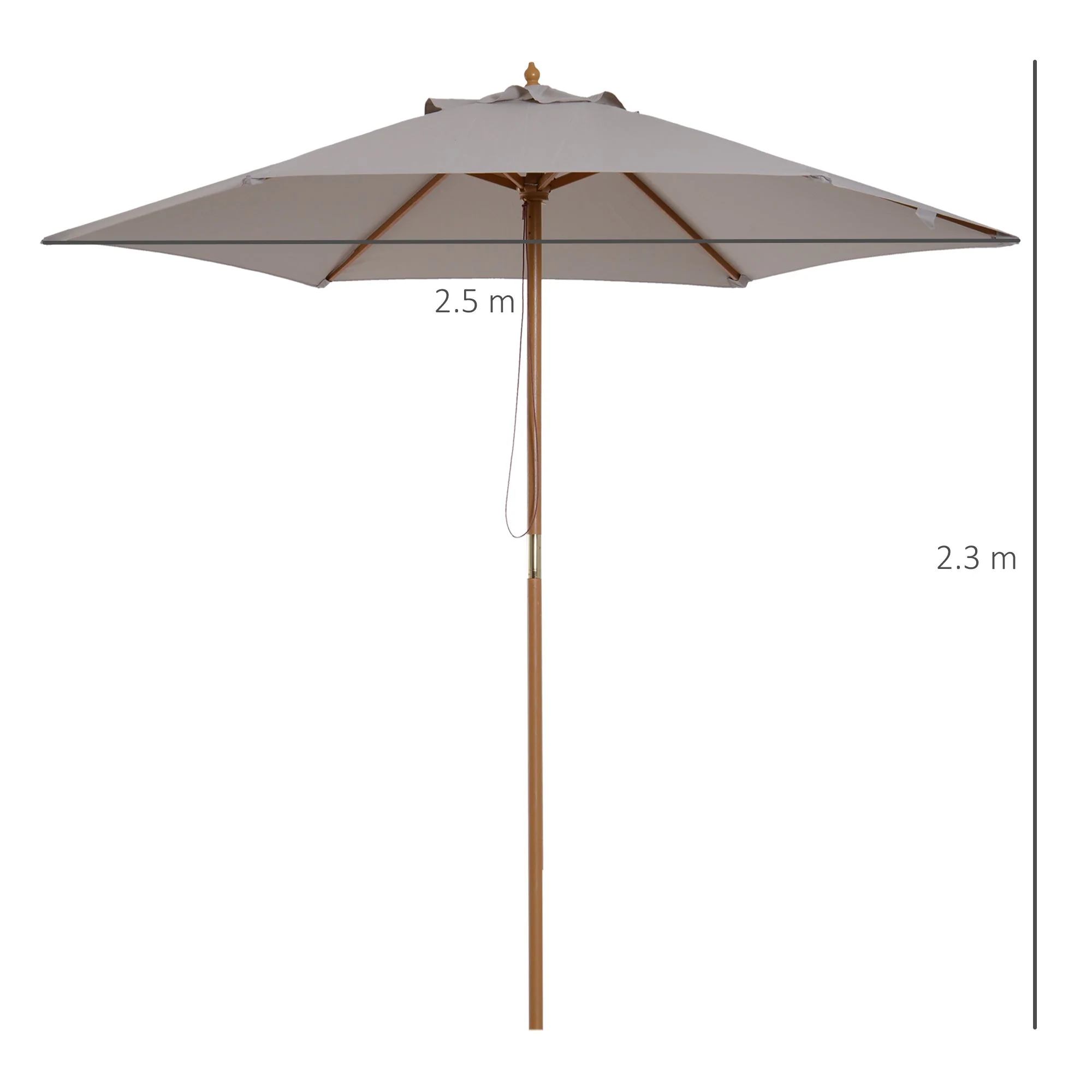 Outsunny 2.5M Wood Garden Parasol Sun Shade Patio Outdoor Wooden Umbrella Canopy Grey - Image 3