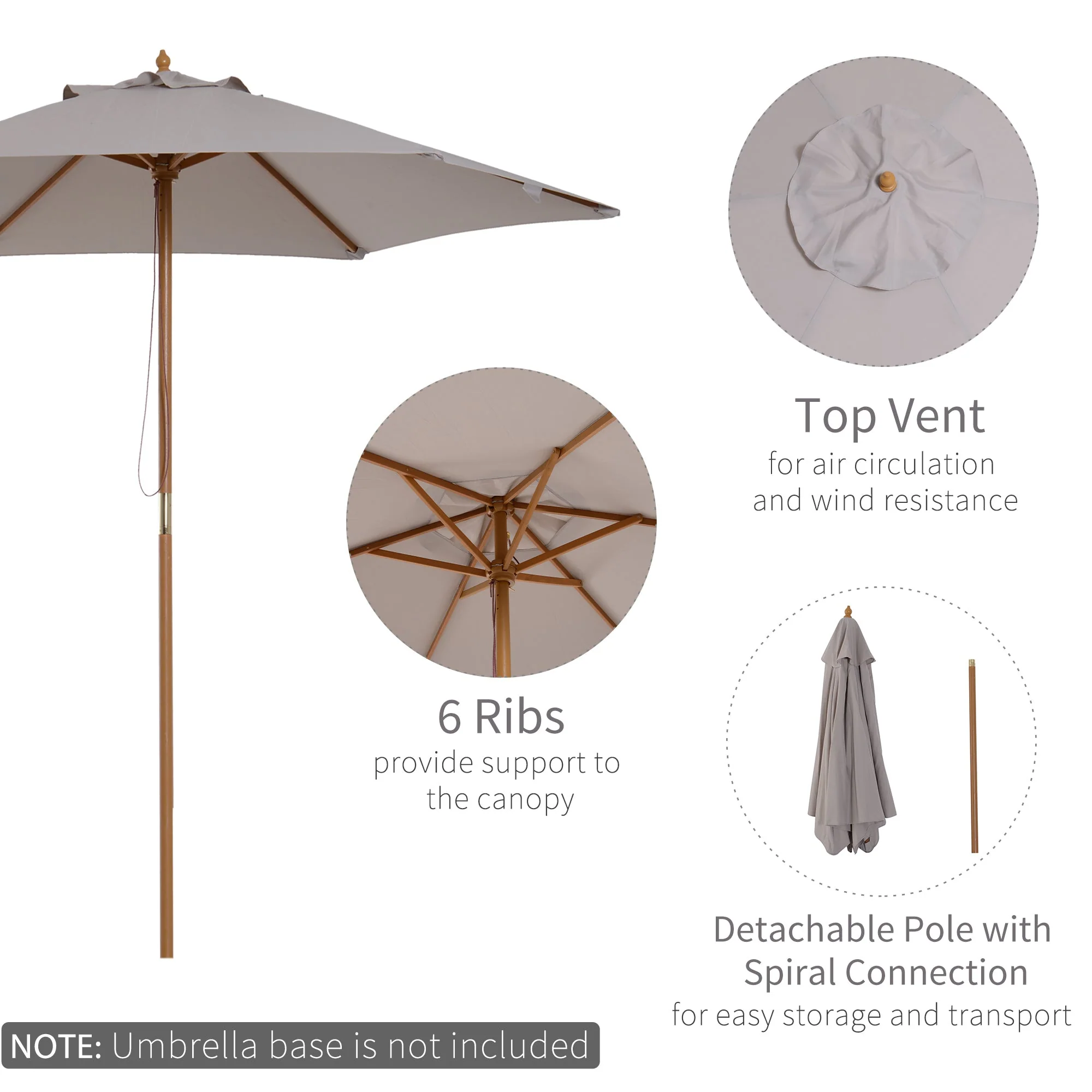 Outsunny 2.5M Wood Garden Parasol Sun Shade Patio Outdoor Wooden Umbrella Canopy Grey - Image 4