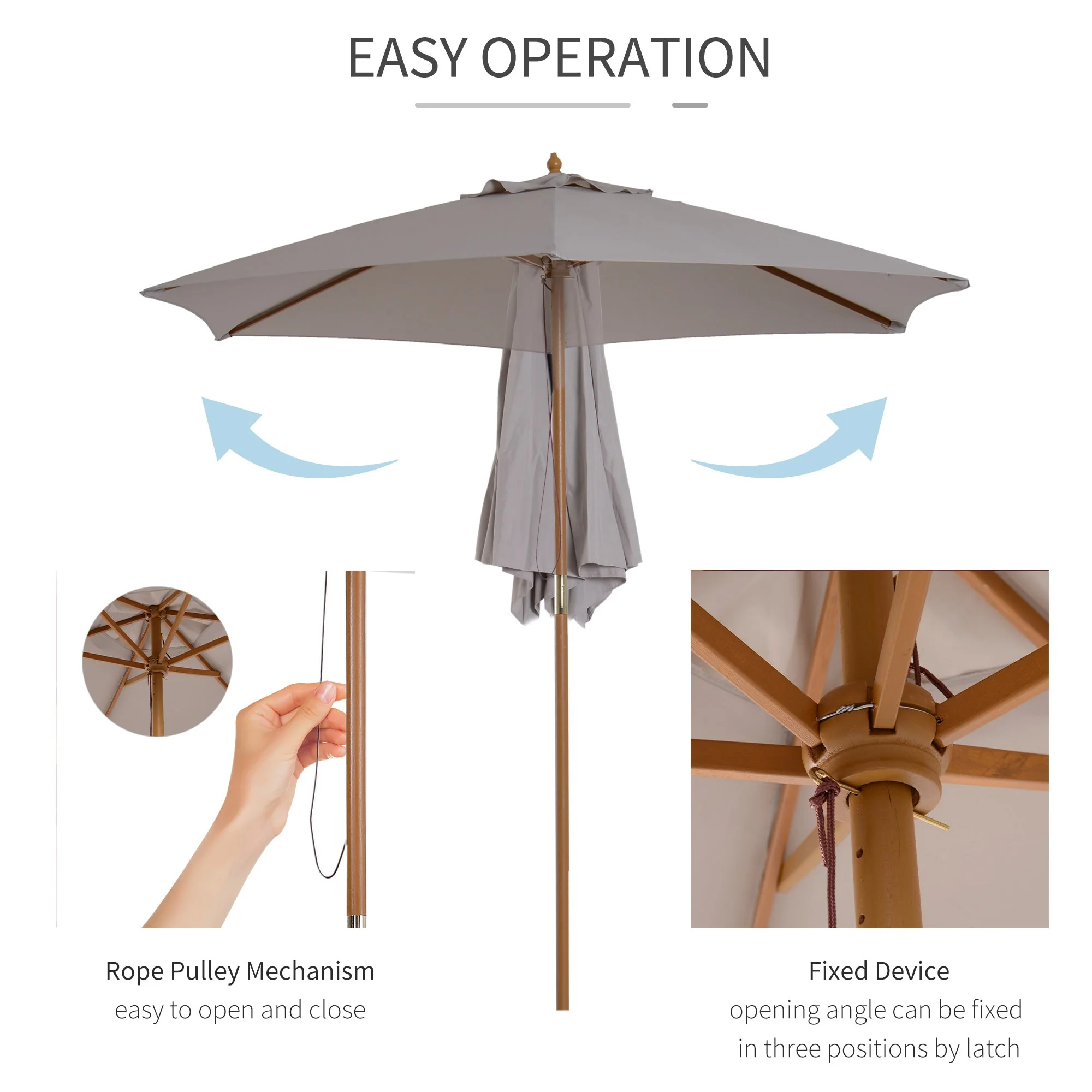 Outsunny 2.5M Wood Garden Parasol Sun Shade Patio Outdoor Wooden Umbrella Canopy Grey - Image 5