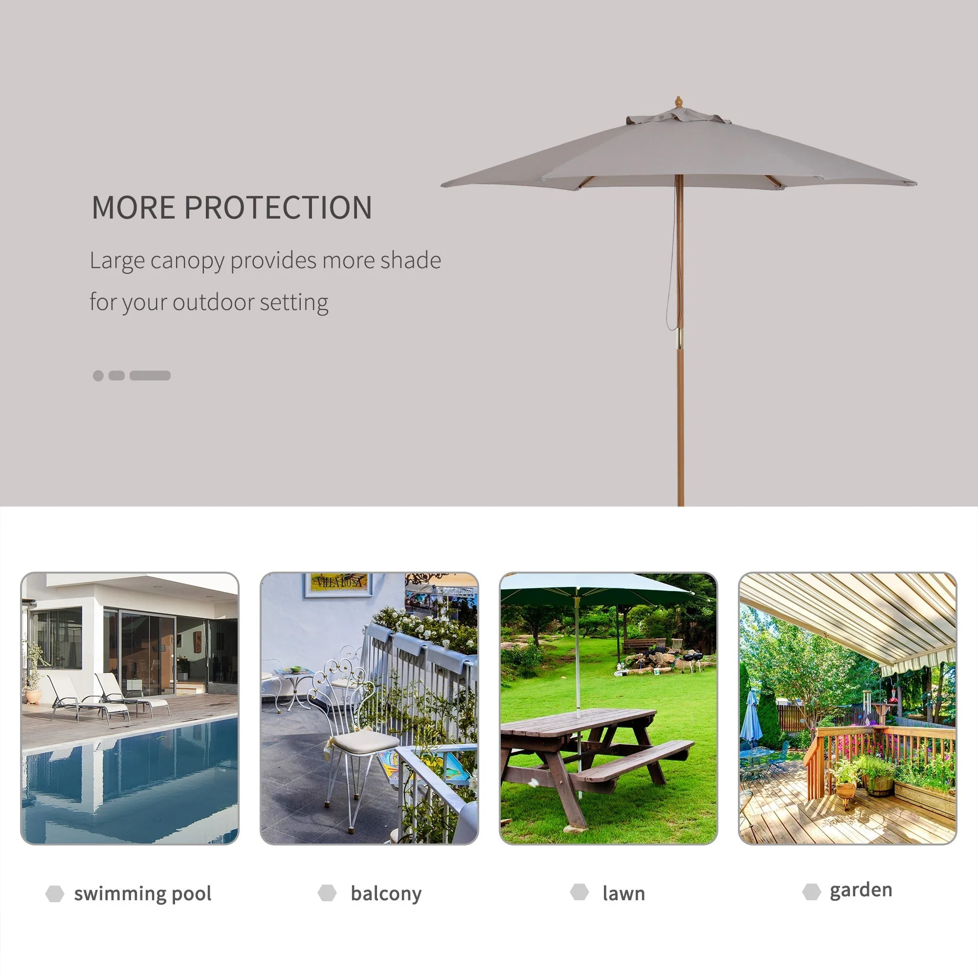 Outsunny 2.5M Wood Garden Parasol Sun Shade Patio Outdoor Wooden Umbrella Canopy Grey - Image 6
