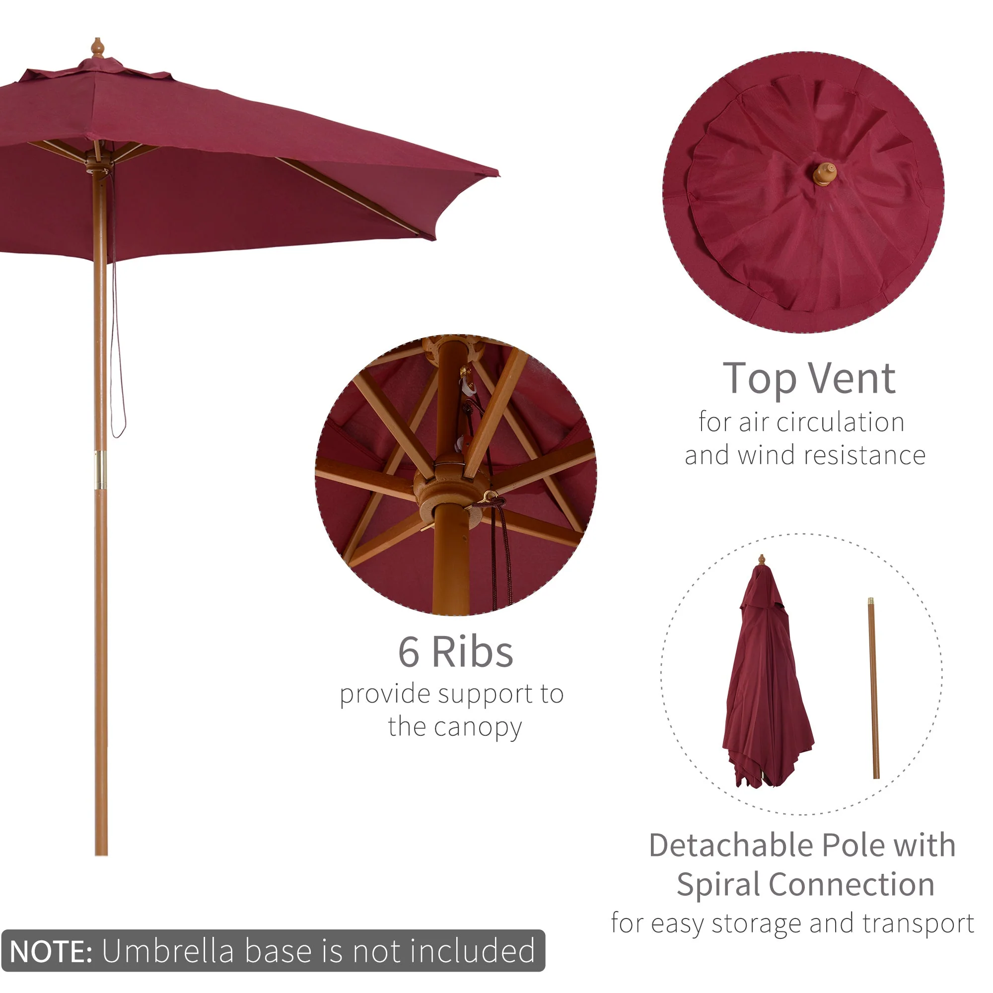 Outsunny 2.5M Wooden Garden Parasol Umbrella-Red Wine - Image 4