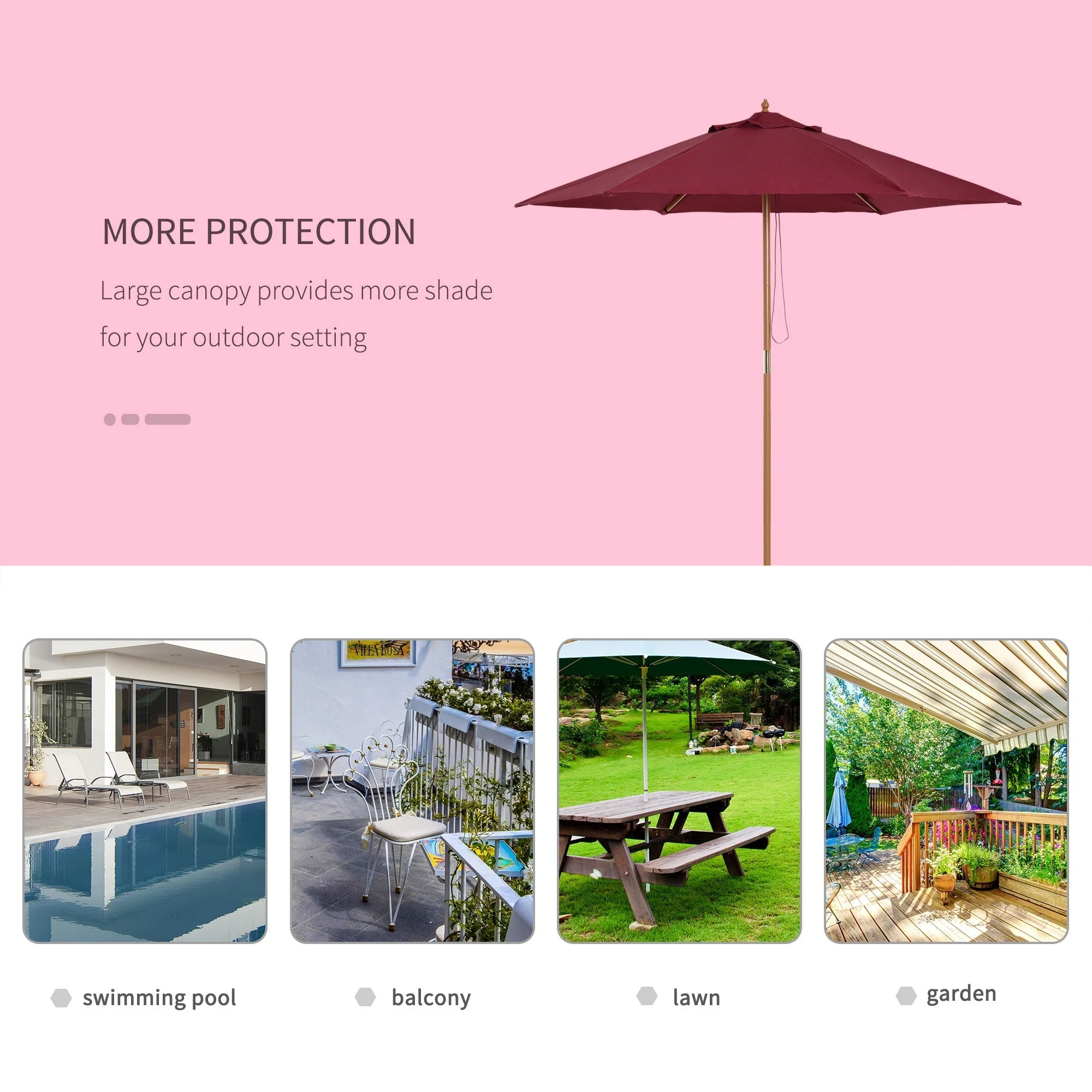 Outsunny 2.5M Wooden Garden Parasol Umbrella-Red Wine - Image 6