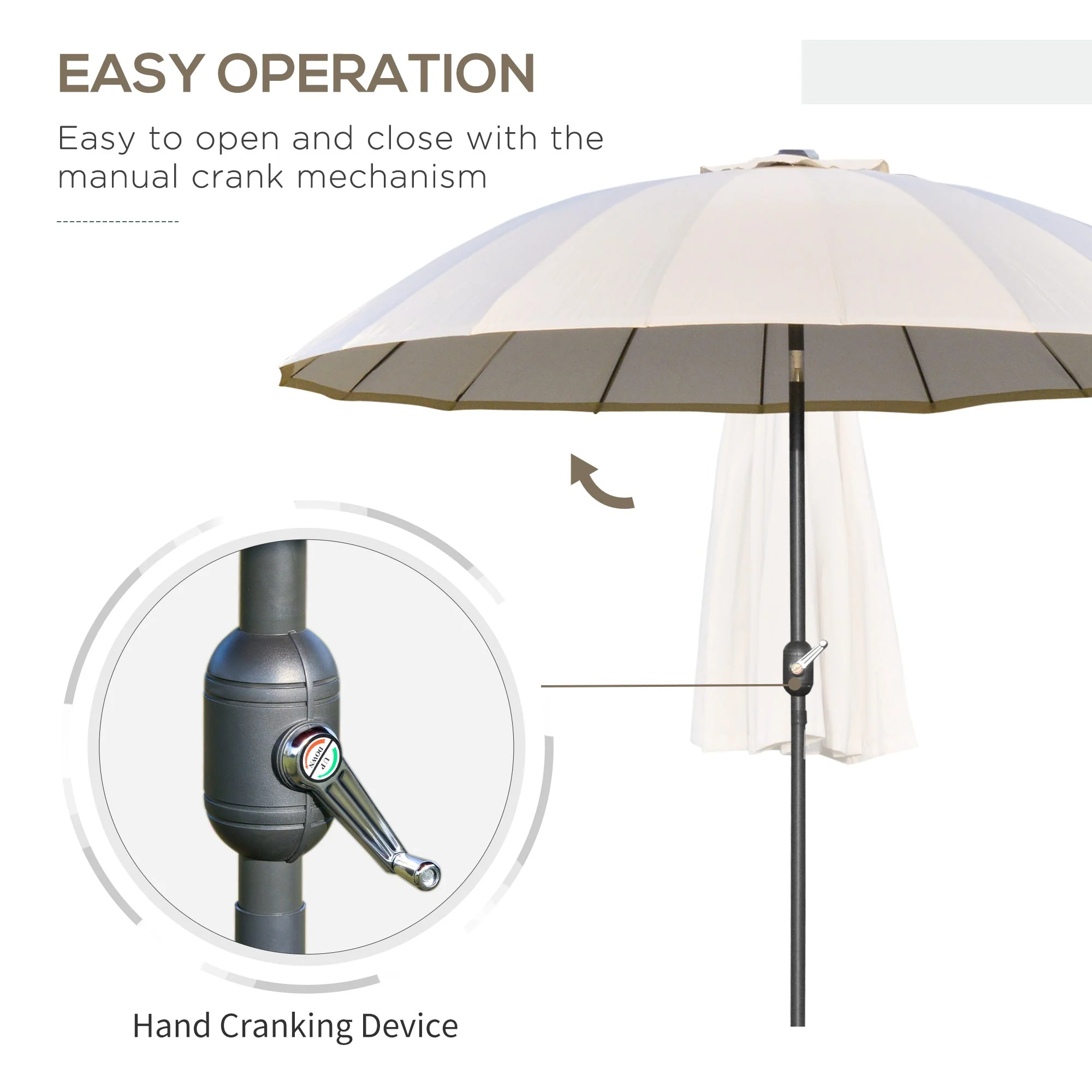 Outsunny 2.6M Shanghai Garden Parasol Umbrella With Crank & Tilt Adjustable Outdoor Sun Shade Off-White - Image 4