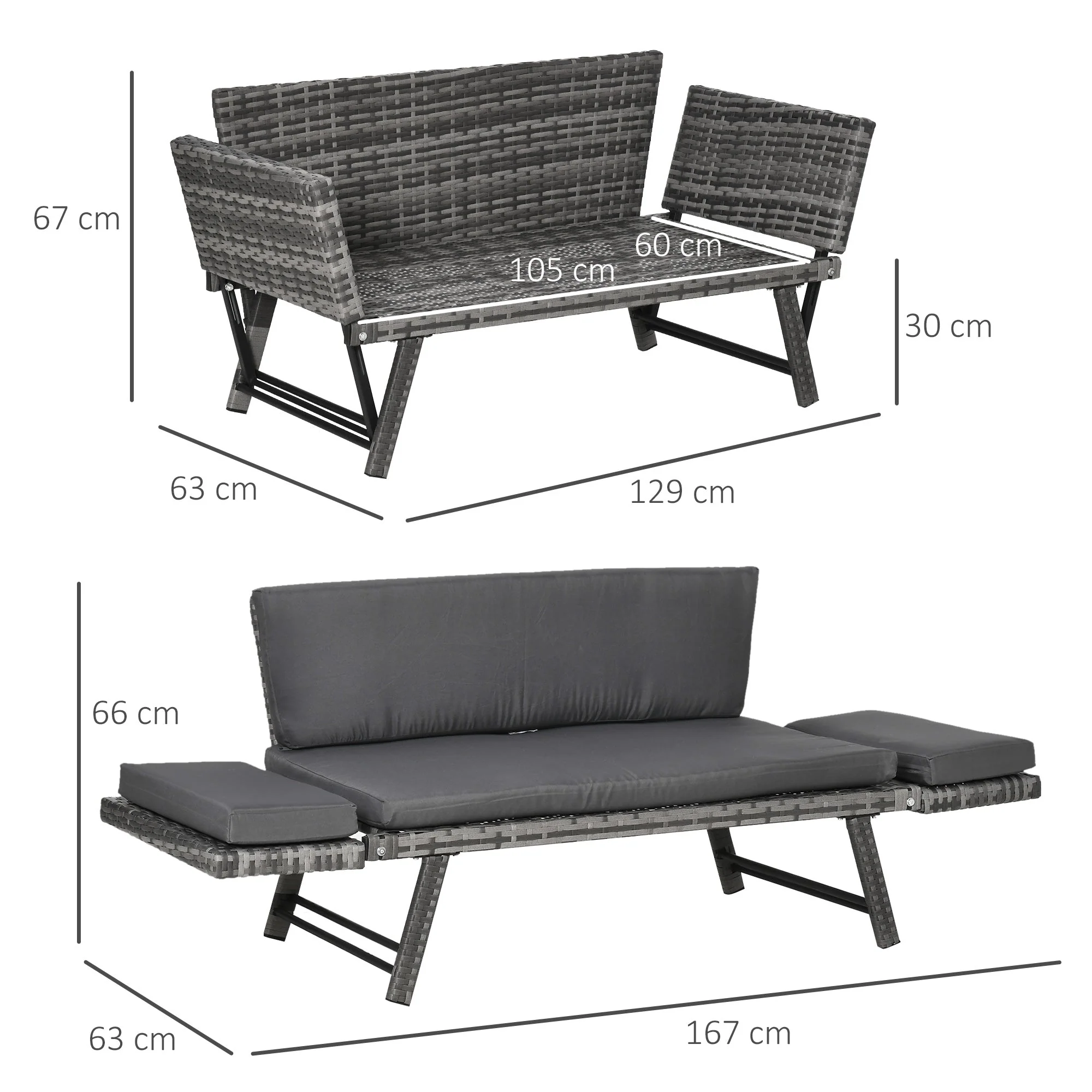 Outsunny 2 In 1 Rattan Folding Daybed Sofa Bench Garden Chaise Lounger Loveseat With Cushion Outdoor Patio Mixed Grey - Image 3