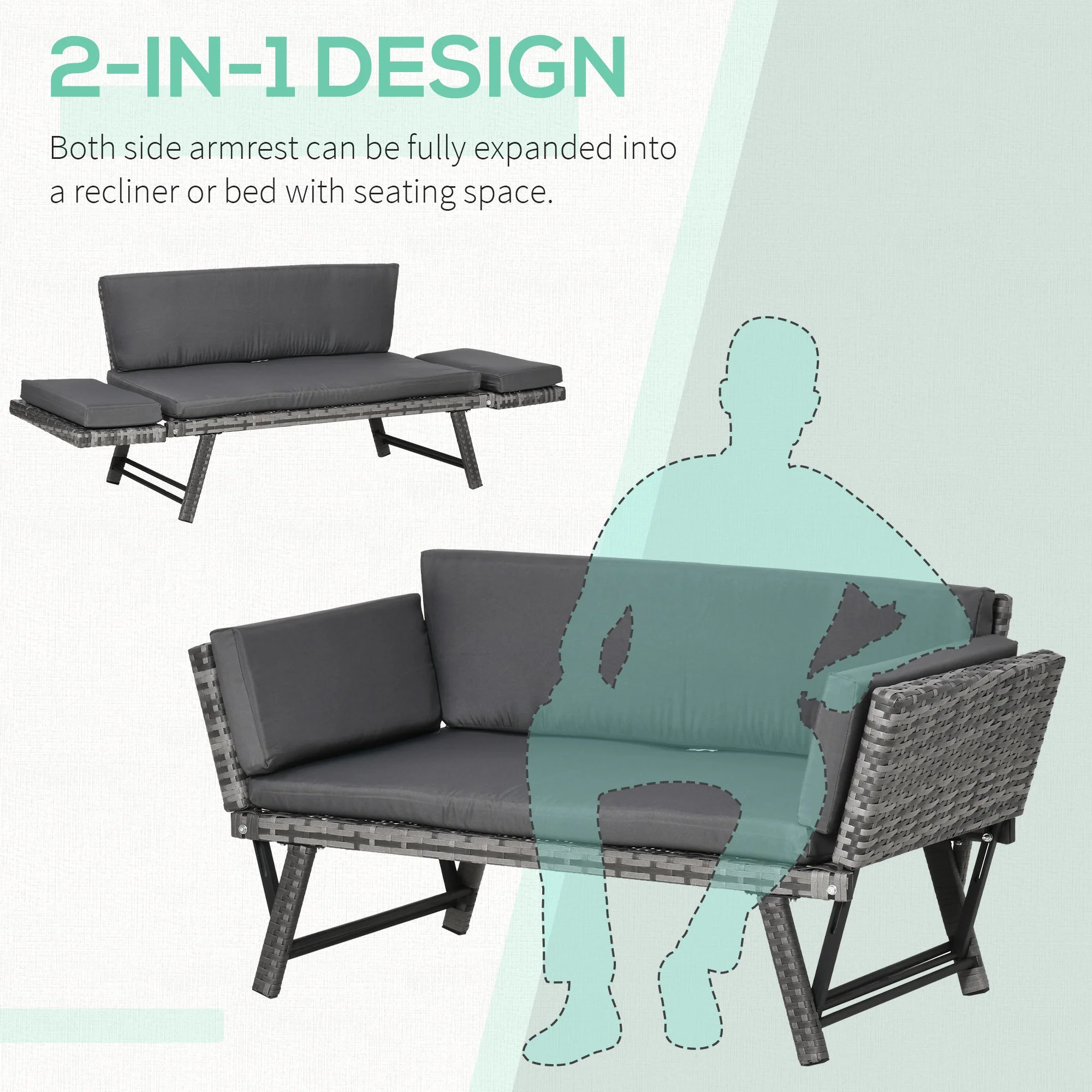 Outsunny 2 In 1 Rattan Folding Daybed Sofa Bench Garden Chaise Lounger Loveseat With Cushion Outdoor Patio Mixed Grey - Image 4