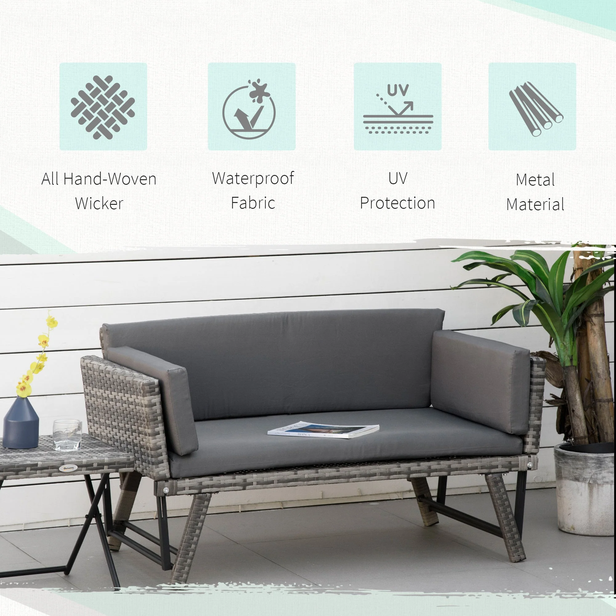 Outsunny 2 In 1 Rattan Folding Daybed Sofa Bench Garden Chaise Lounger Loveseat With Cushion Outdoor Patio Mixed Grey - Image 5
