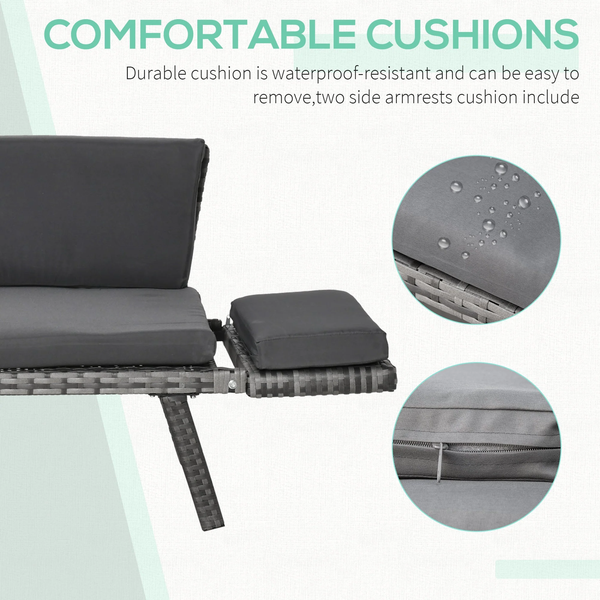 Outsunny 2 In 1 Rattan Folding Daybed Sofa Bench Garden Chaise Lounger Loveseat With Cushion Outdoor Patio Mixed Grey - Image 6