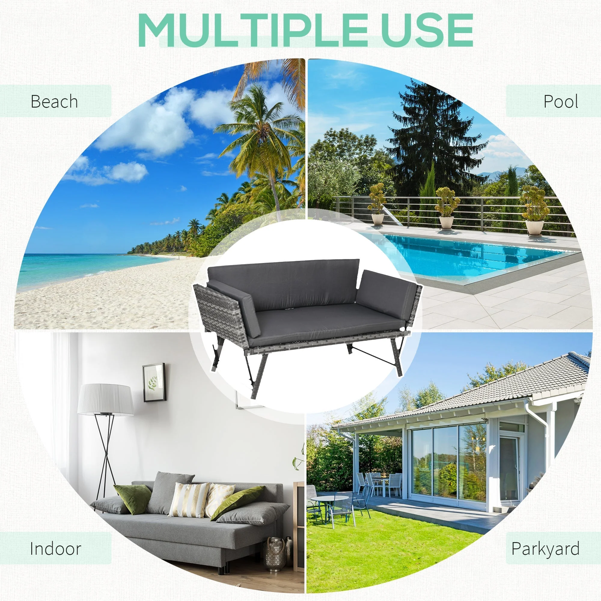 Outsunny 2 In 1 Rattan Folding Daybed Sofa Bench Garden Chaise Lounger Loveseat With Cushion Outdoor Patio Mixed Grey - Image 7
