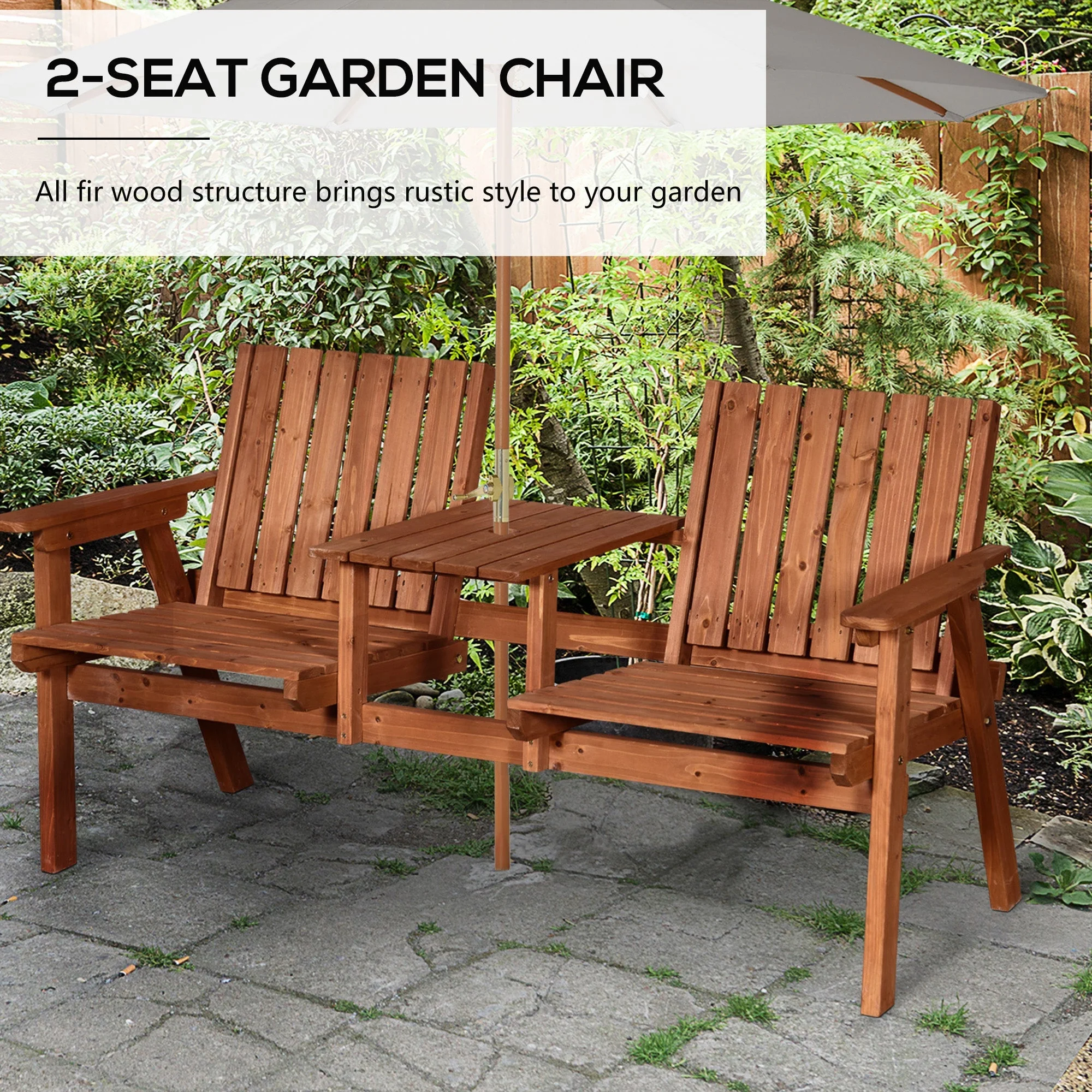 Outsunny 2-Seater Fir Wood Bench w/ Centre Table - Image 4