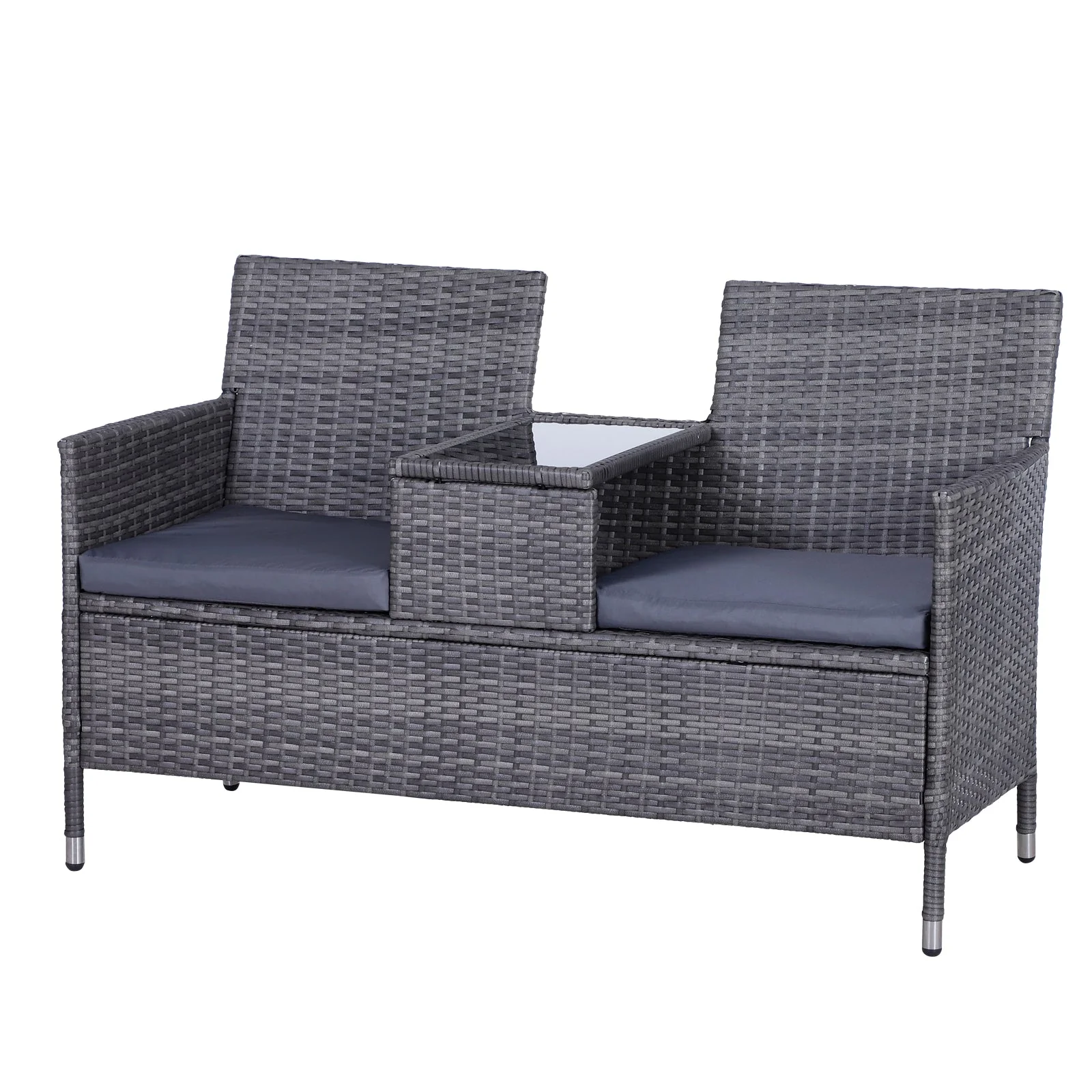 Outsunny 2-Seater PE Rattan Outdoor Garden Bench w/ Centre Table Grey - Image 2