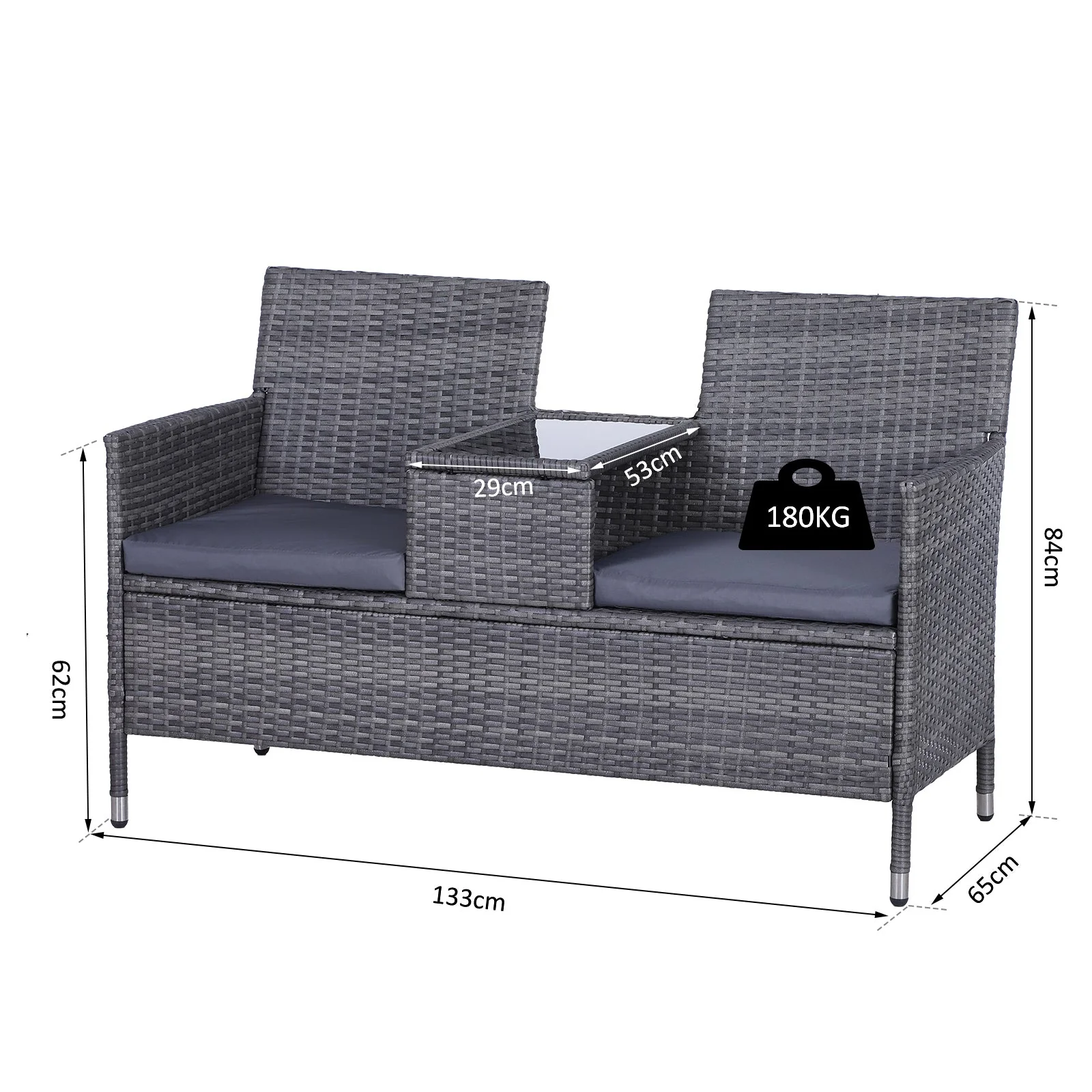 Outsunny 2-Seater PE Rattan Outdoor Garden Bench w/ Centre Table Grey - Image 3