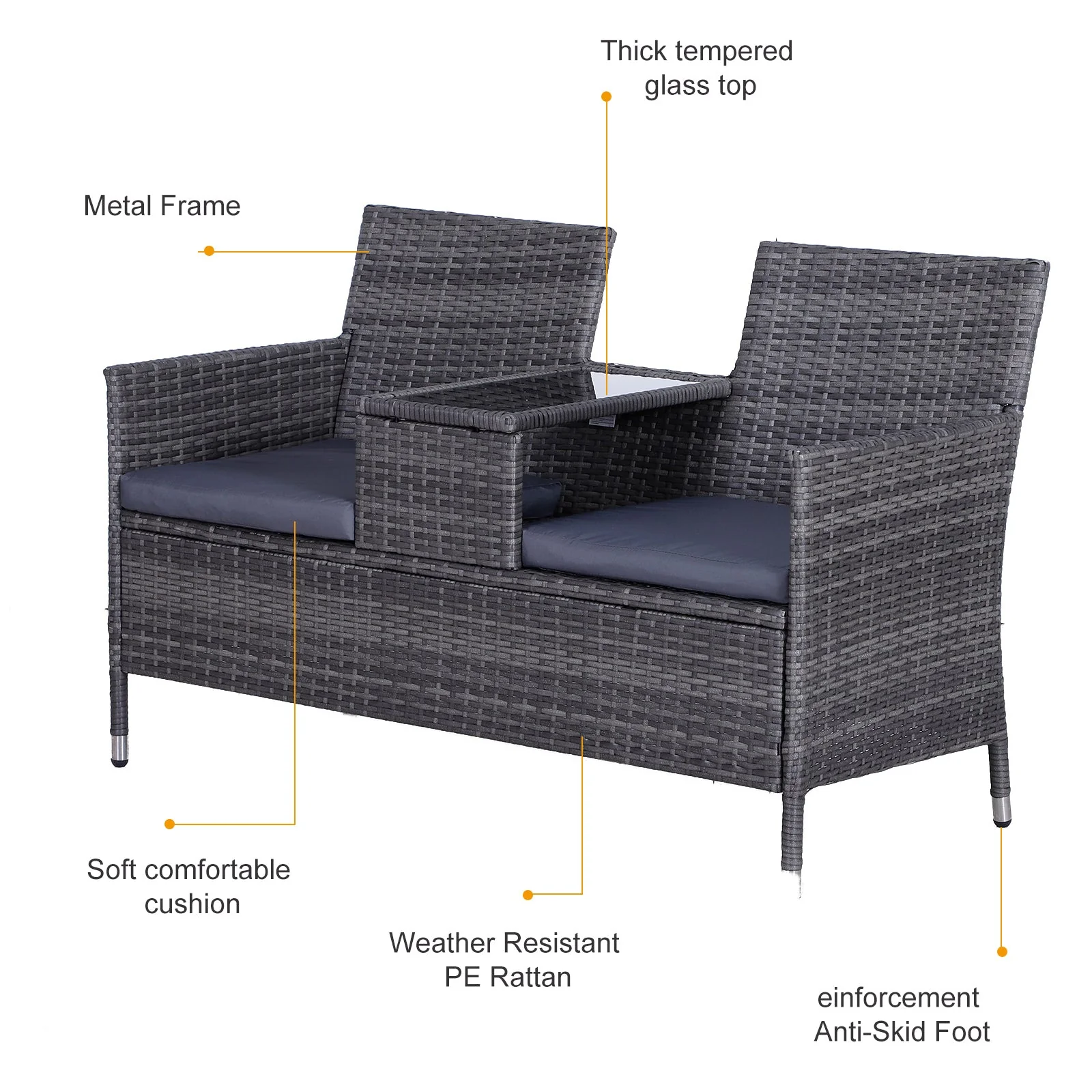 Outsunny 2-Seater PE Rattan Outdoor Garden Bench w/ Centre Table Grey - Image 4